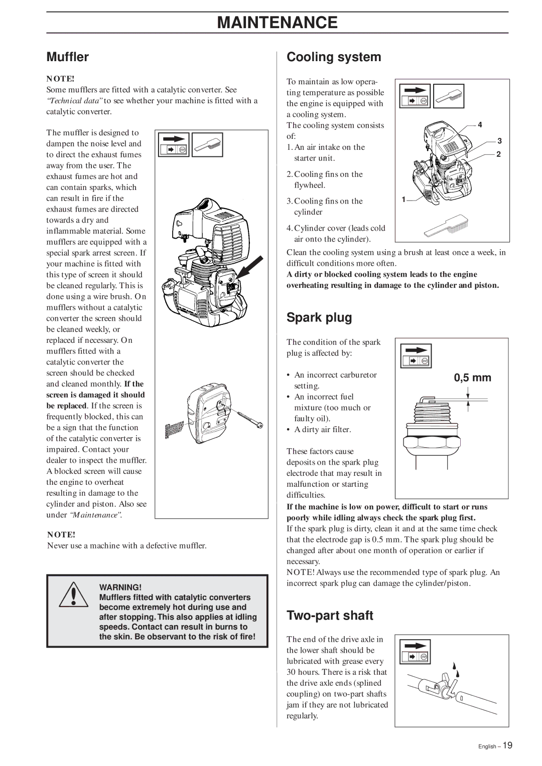 Husqvarna 322C, 325L, 322L manual Muffler Cooling system, Spark plug, Two-part shaft 