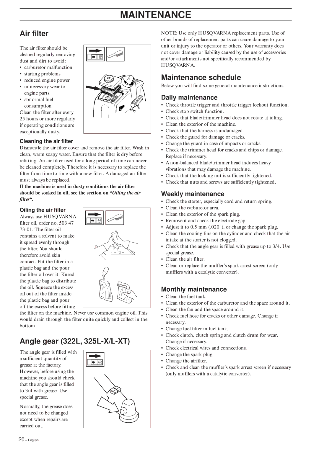 Husqvarna 322C manual Air filter, Angle gear 322L, 325L-X/L-XT, Maintenance schedule 
