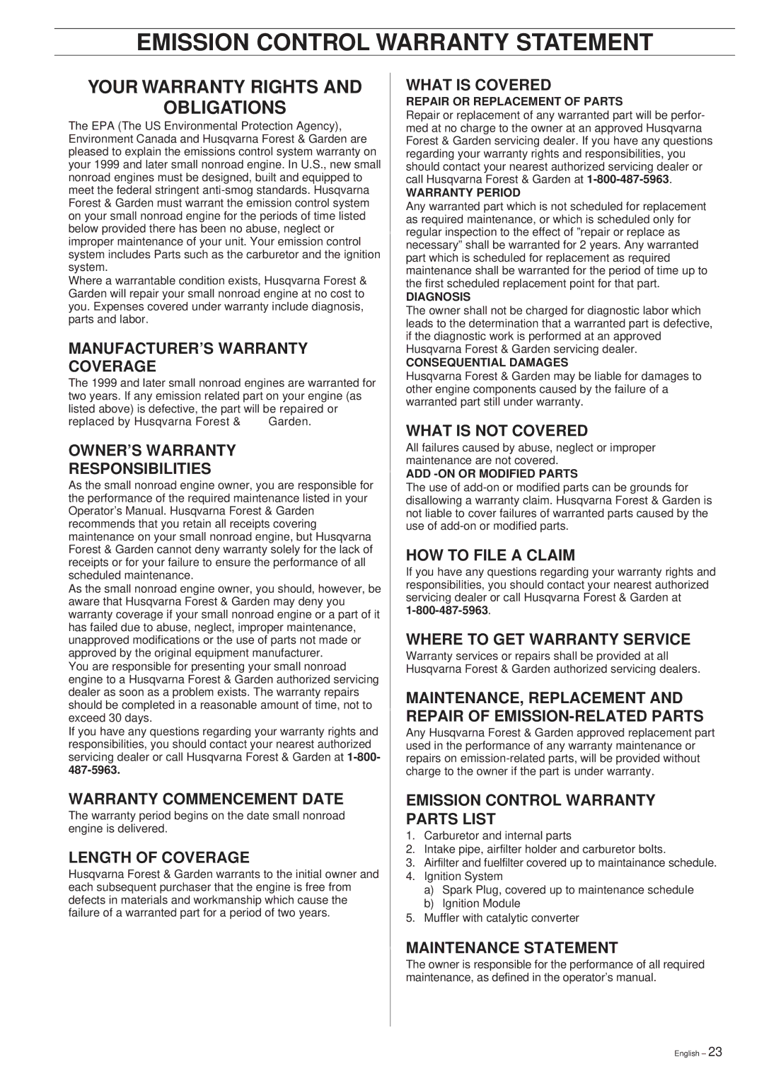 Husqvarna 322L, 325L, 322C manual Emission Control Warranty Statement, Your Warranty Rights Obligations 