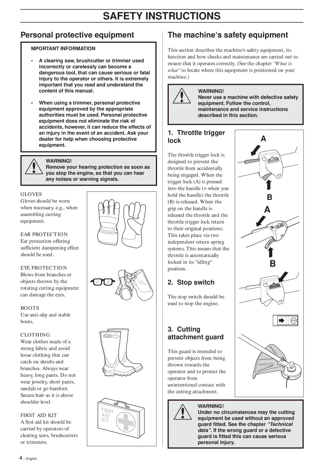 Husqvarna 322C, 325L, 322L manual Safety Instructions, Personal protective equipment, Machine‘s safety equipment 