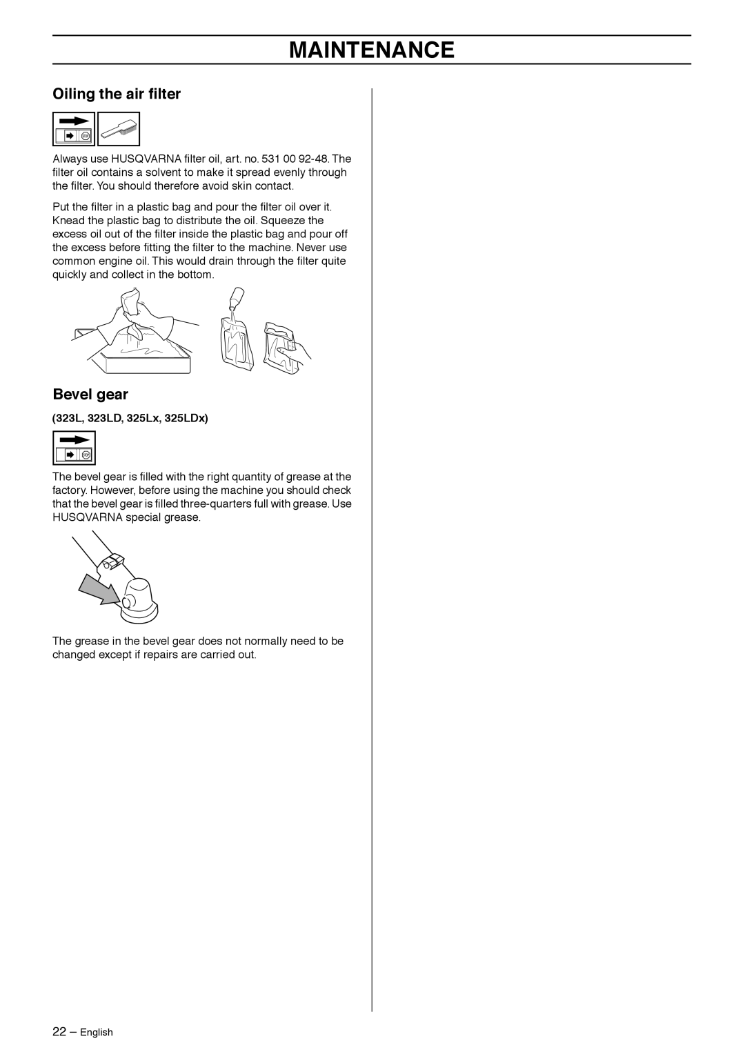 Husqvarna 325CX, 325LDX, 323LD manual Oiling the air ﬁlter, Bevel gear 