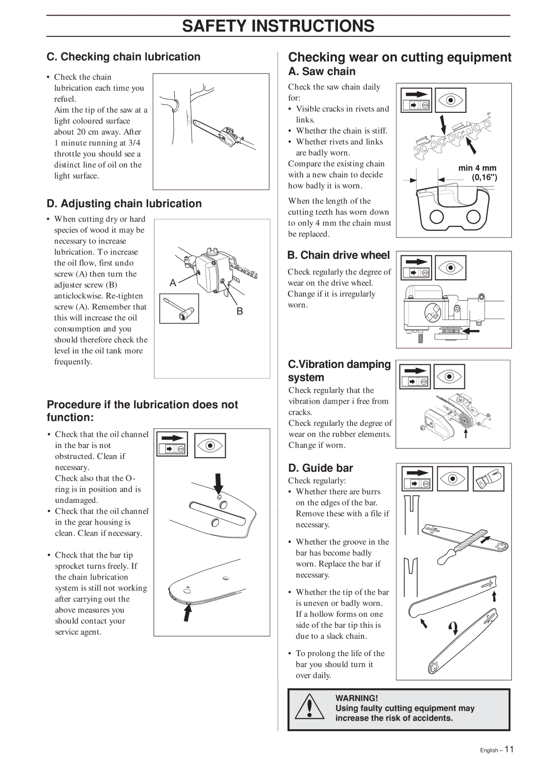 Husqvarna 323P4, 325P4 manual Checking wear on cutting equipment, Checking chain lubrication, Adjusting chain lubrication 