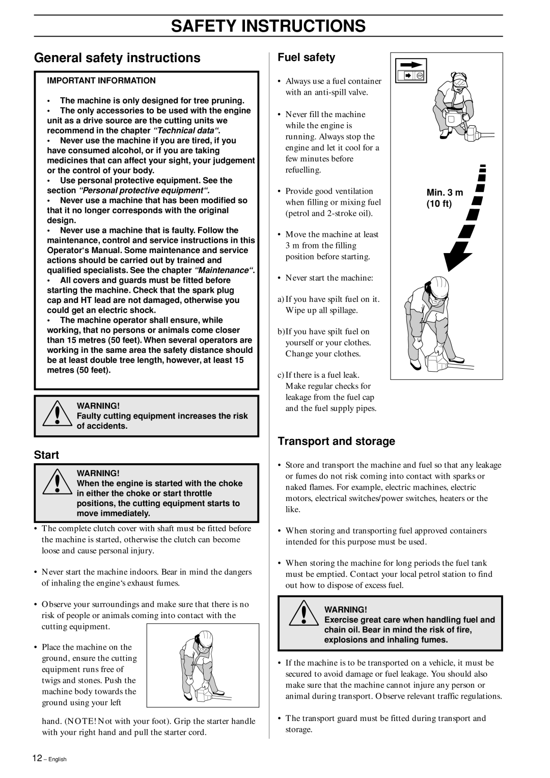 Husqvarna 323P4, 325P4, 325P5 manual General safety instructions, Fuel safety, Start, Transport and storage 