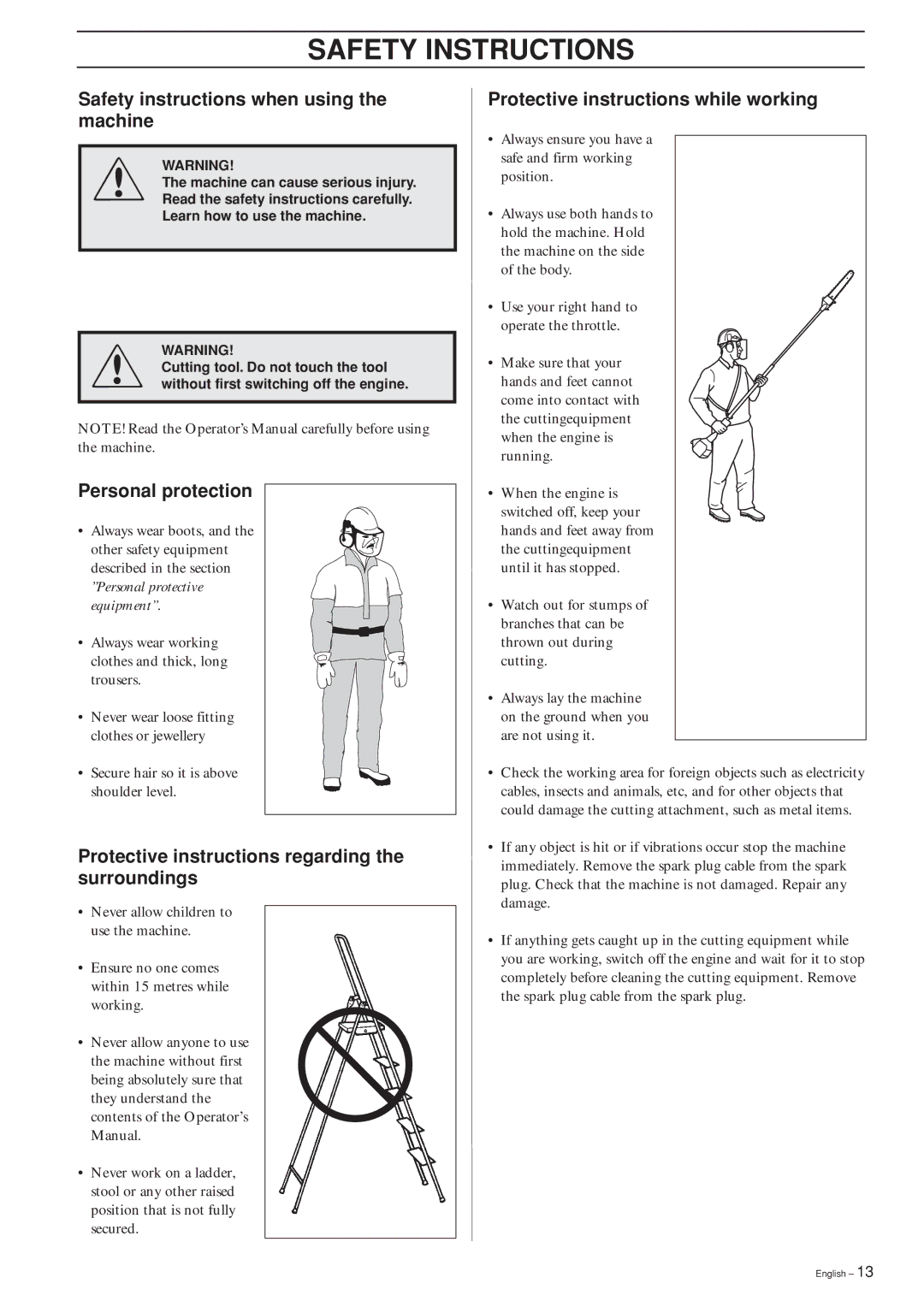 Husqvarna 323P4, 325P4, 325P5 manual Safety instructions when using the machine, Personal protection 