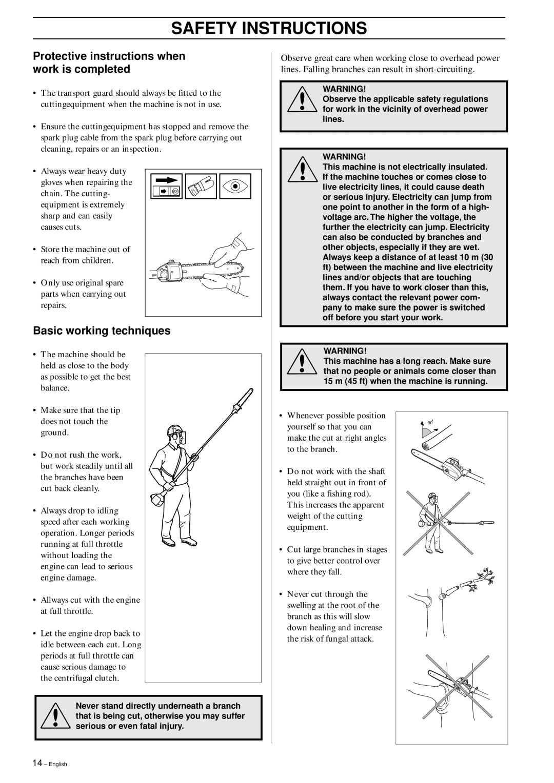 Husqvarna 323P4, 325P4, 325P5 manual Protective instructions when work is completed, Basic working techniques 