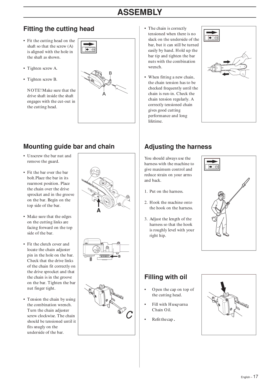 Husqvarna 323P4 Assembly, Fitting the cutting head, Mounting guide bar and chain Adjusting the harness, Filling with oil 