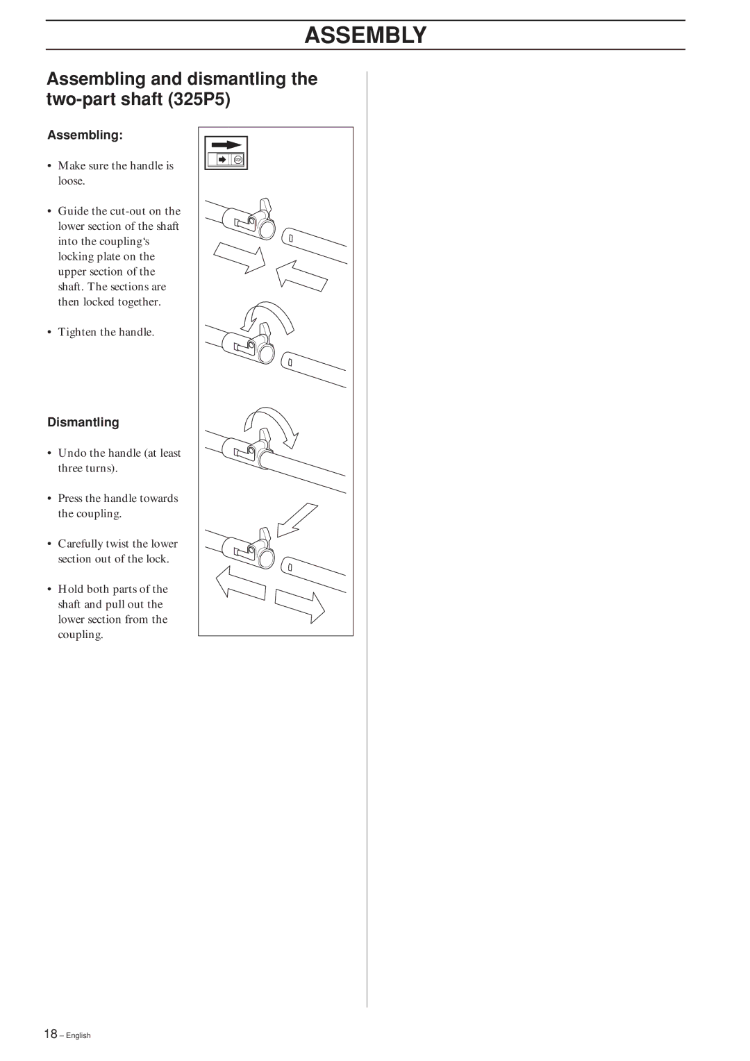 Husqvarna 323P4, 325P4, 325P5 manual Assembling and dismantling the two-part shaft 325P5 