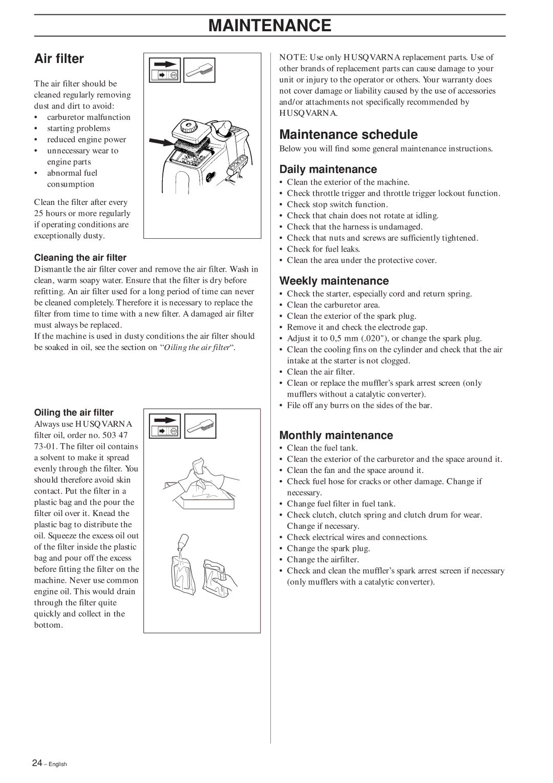Husqvarna 325P4, 323P4 manual Air filter, Maintenance schedule, Daily maintenance, Weekly maintenance, Monthly maintenance 