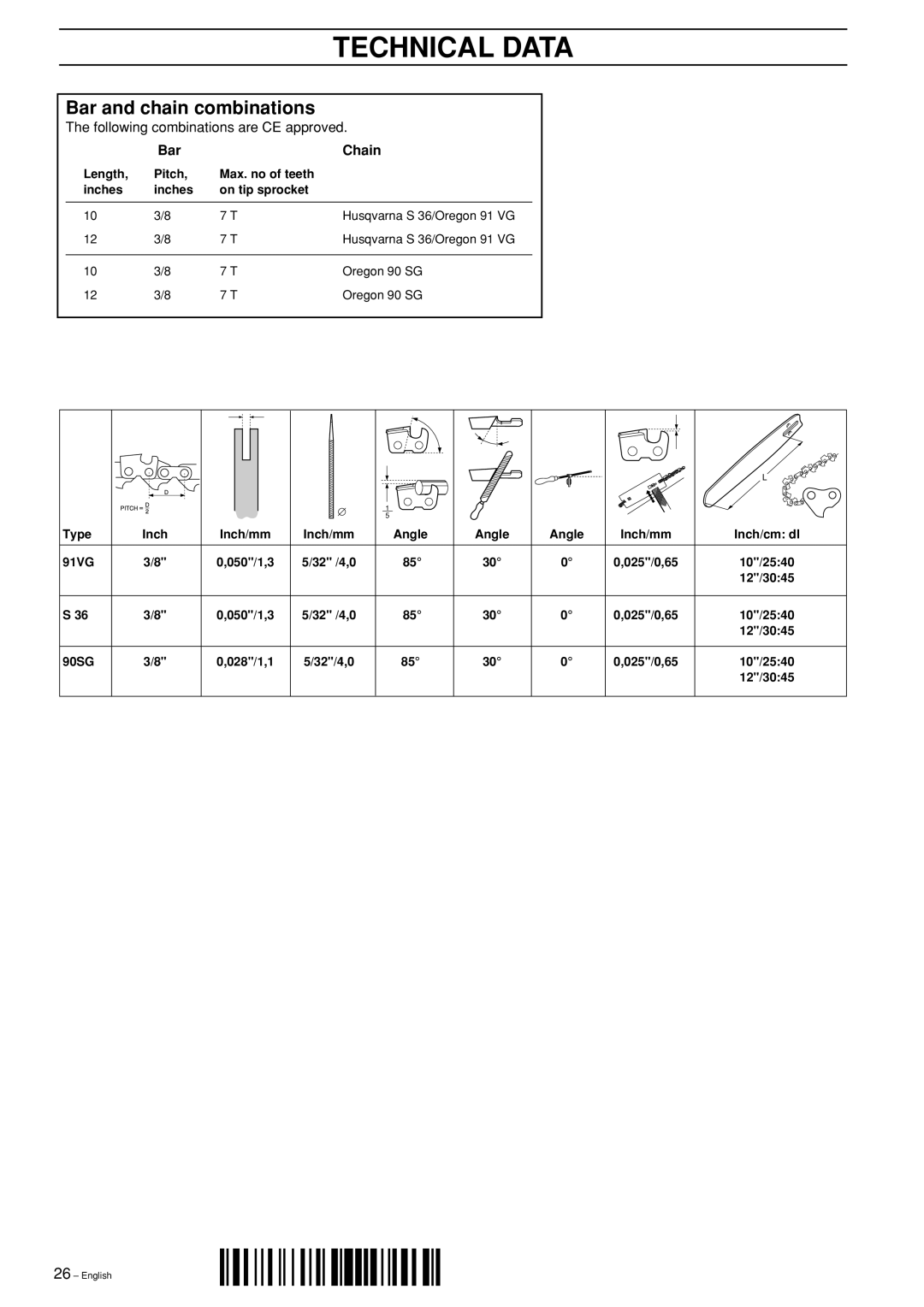 Husqvarna 323P4, 325P4, 325P5 manual Bar and chain combinations, Bar Chain 