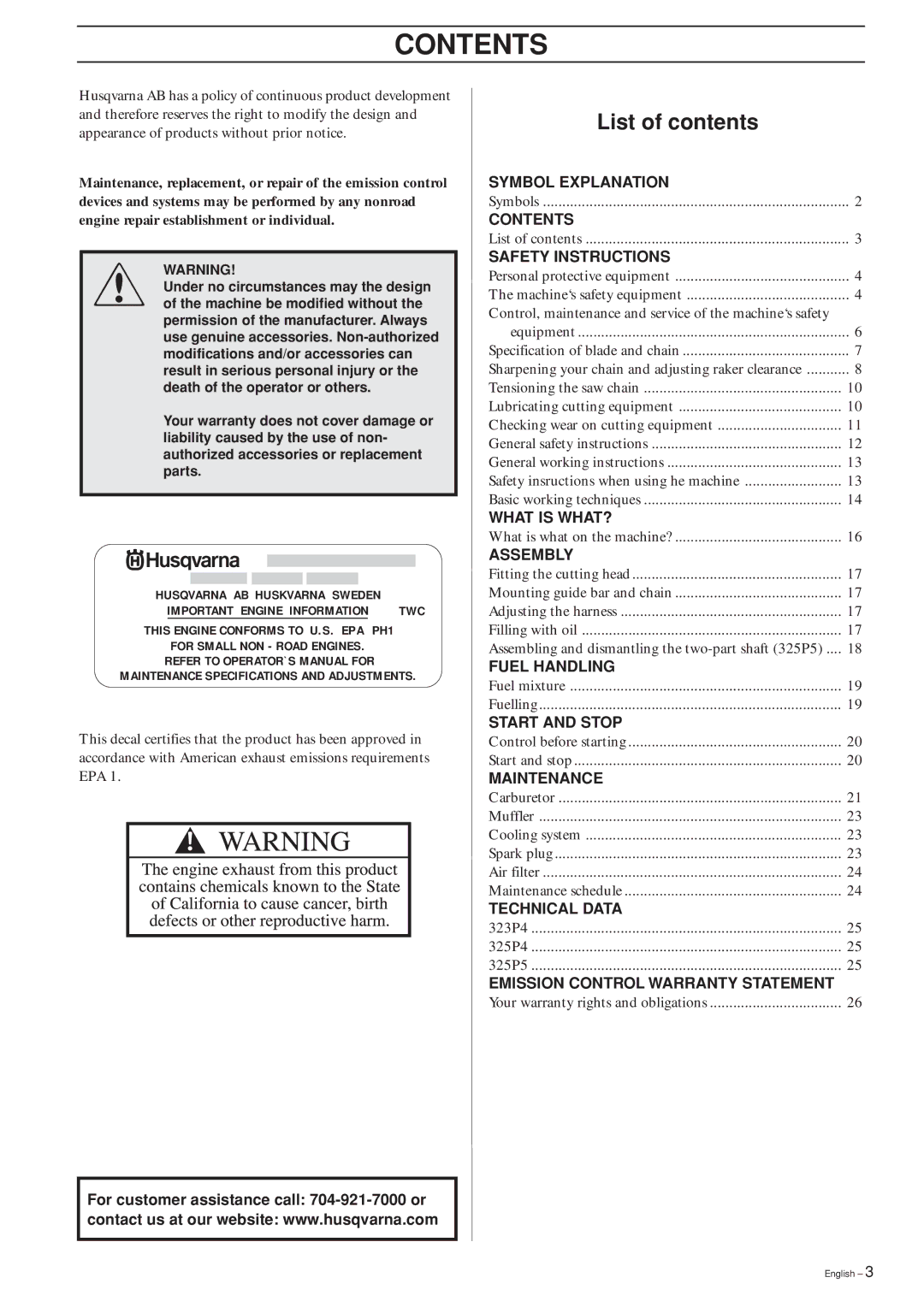 Husqvarna 323P4, 325P4, 325P5 manual Contents 