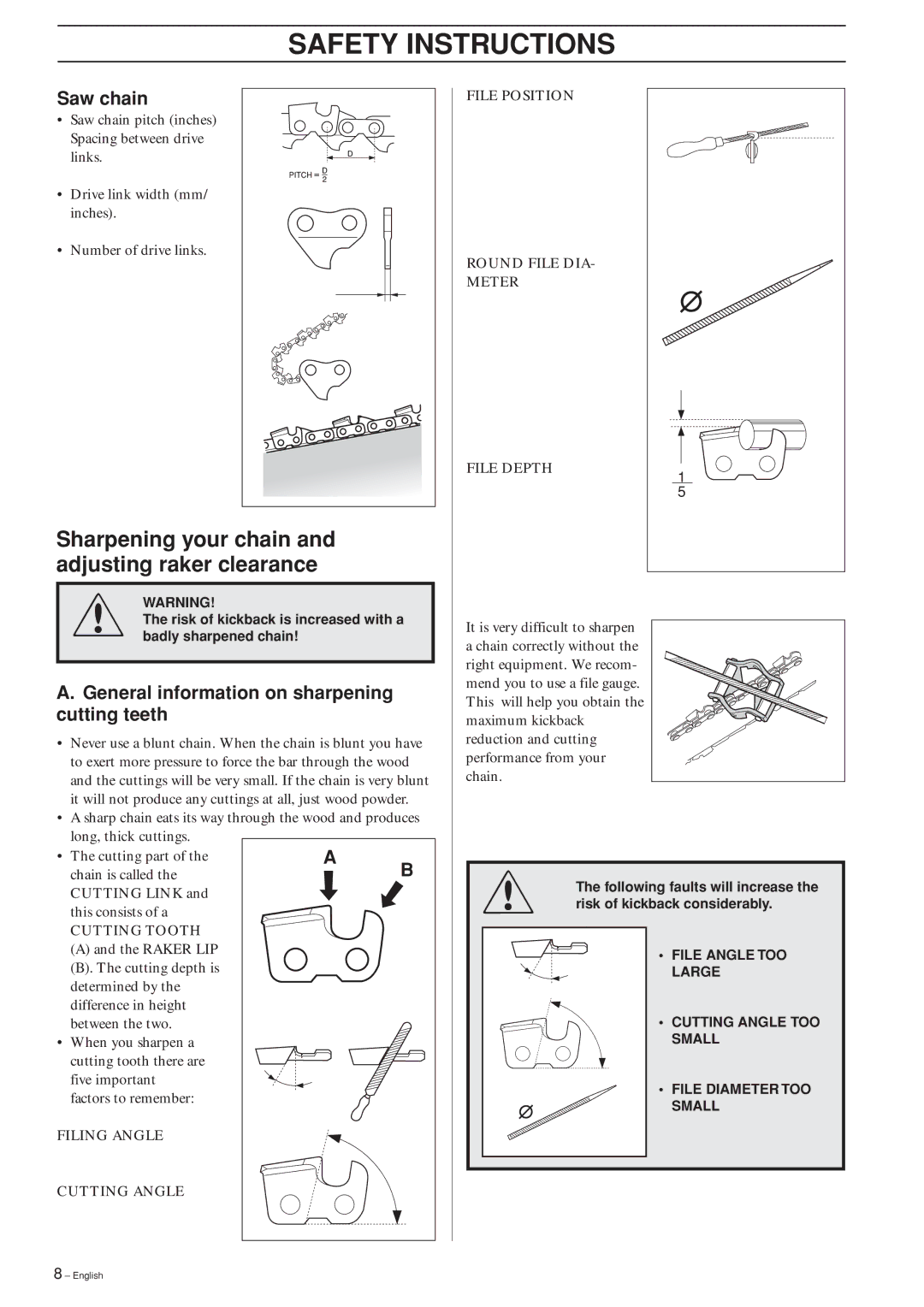 Husqvarna 323P4, 325P4, 325P5 manual Saw chain, General information on sharpening cutting teeth 