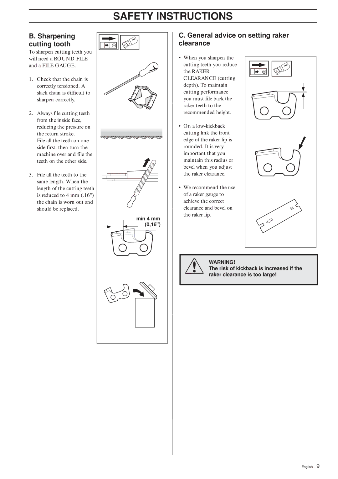 Husqvarna 323P4, 325P4, 325P5 manual Sharpening cutting tooth, General advice on setting raker clearance 