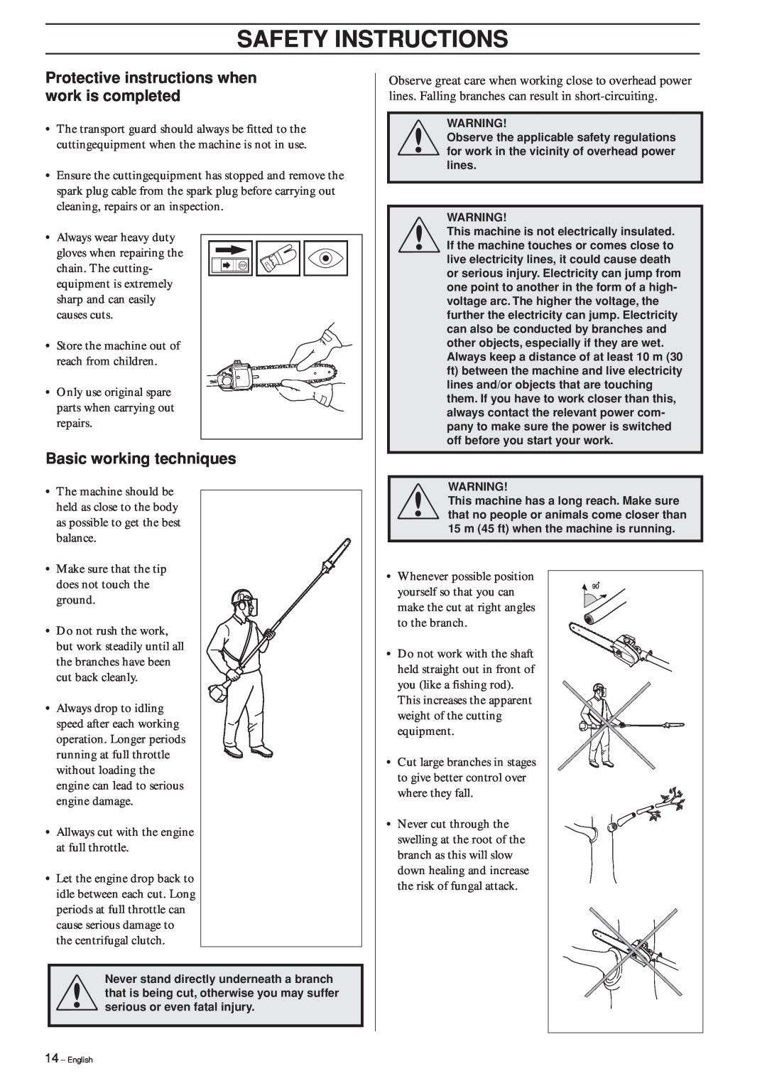 Husqvarna 323P4, 325P4 manual Protective instructions when work is completed, Basic working techniques, Safety Instructions 