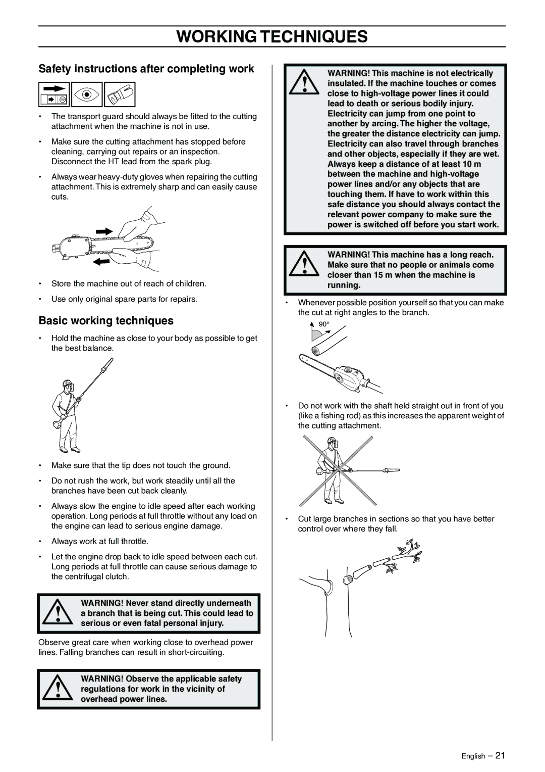 Husqvarna 325P5X manual Safety instructions after completing work, Basic working techniques 