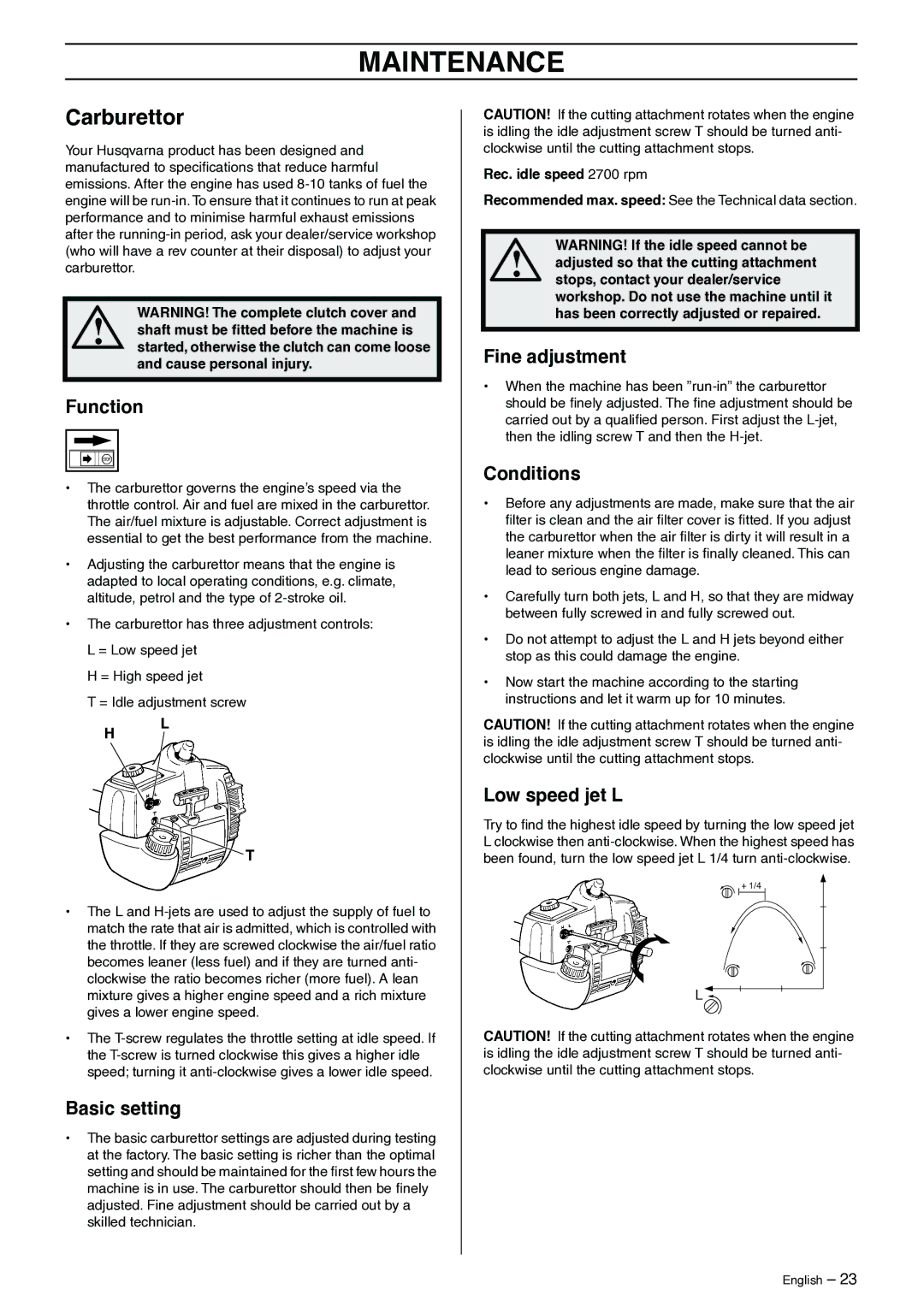 Husqvarna 325P5X manual Maintenance, Carburettor 