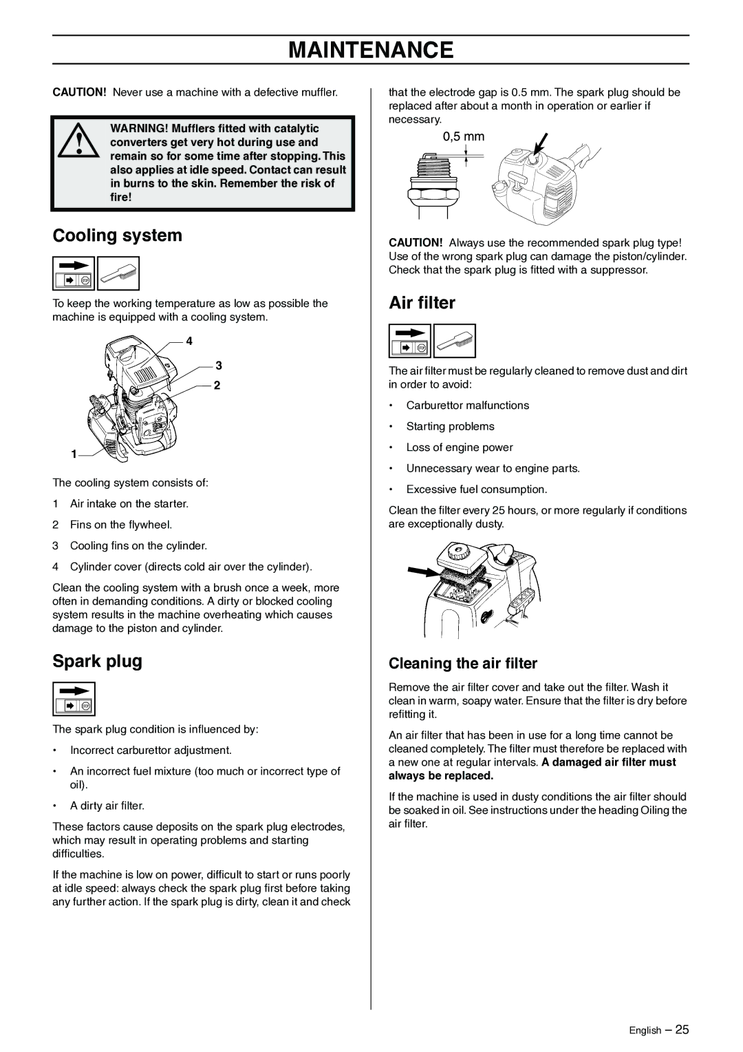 Husqvarna 325P5X manual Cooling system, Spark plug, Air ﬁlter, Cleaning the air ﬁlter 