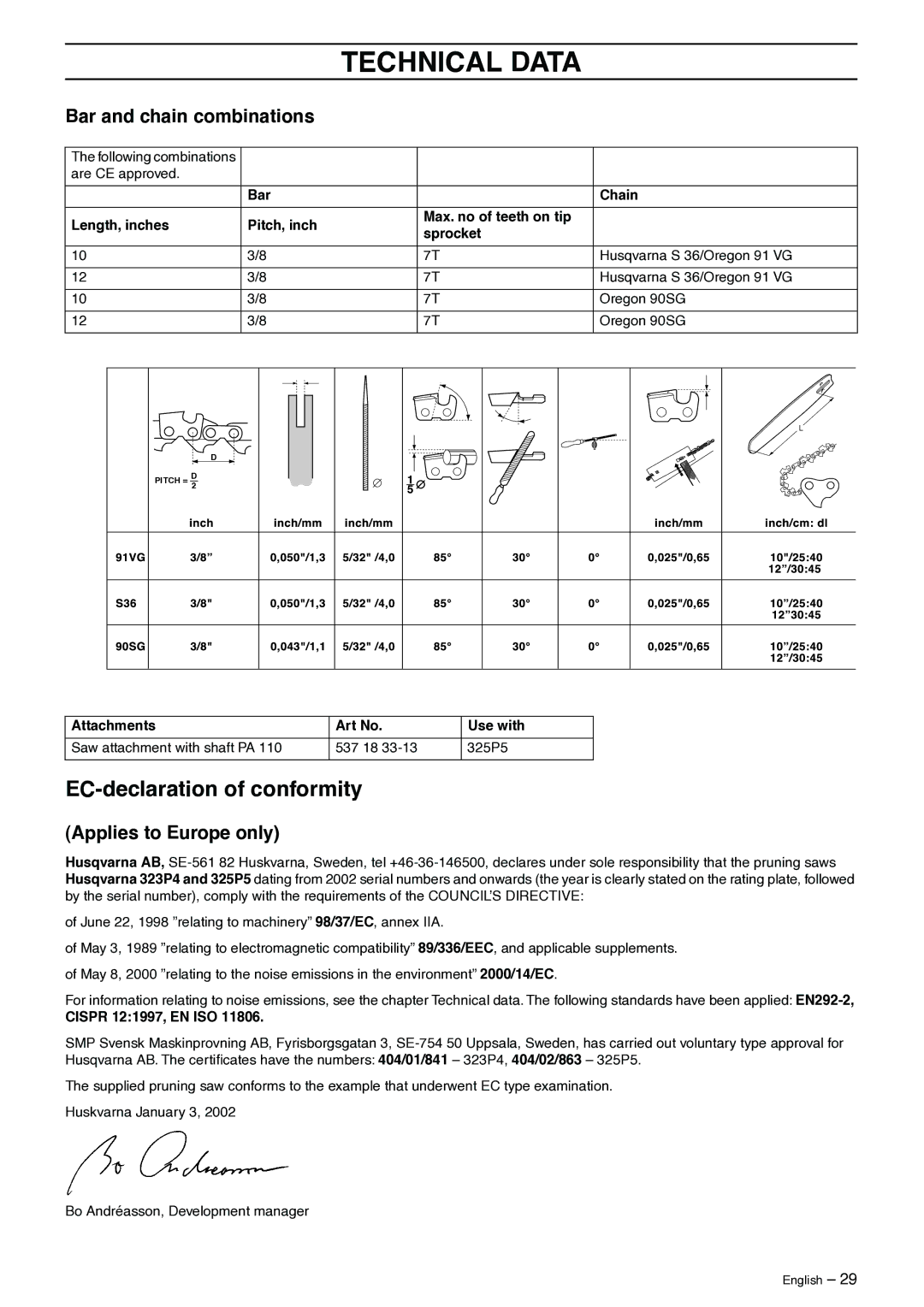 Husqvarna 325P5X EC-declaration of conformity, Bar and chain combinations, Applies to Europe only, Cispr 121997, EN ISO 