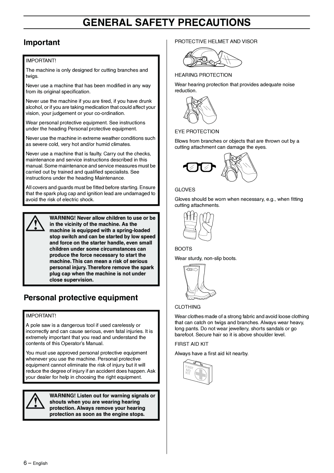 Husqvarna 325P5X manual General Safety Precautions, Personal protective equipment 