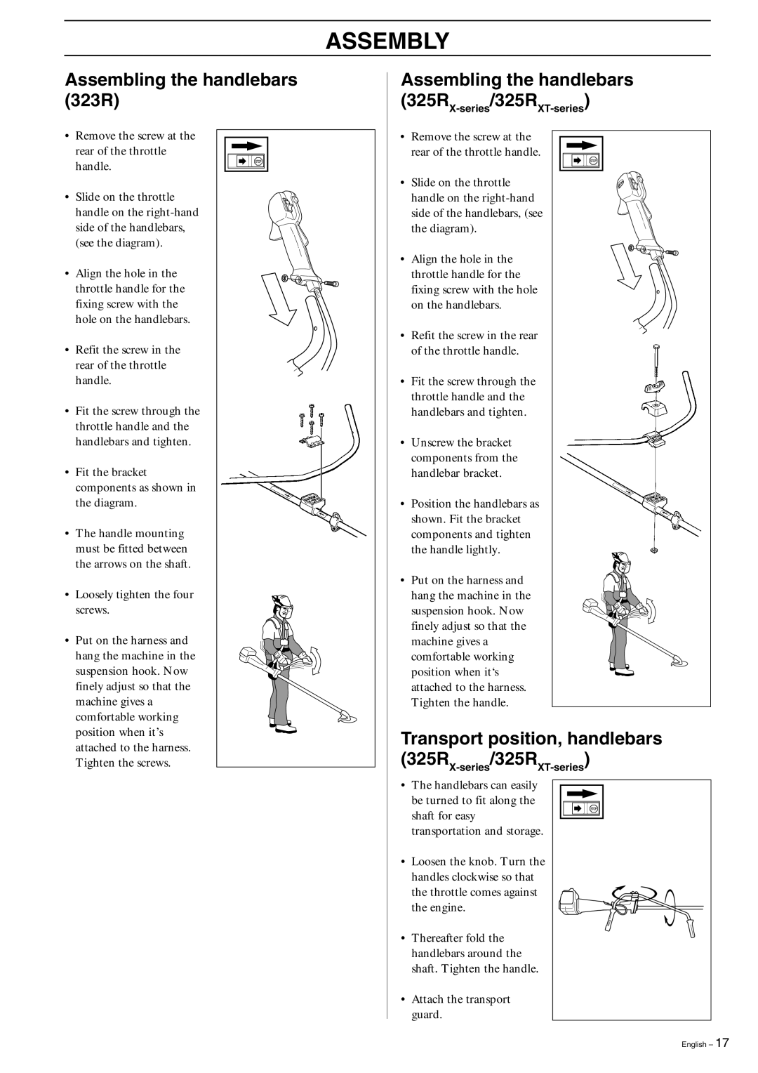 Husqvarna 325R, 323R manual Assembly, Assembling the handlebars 323R, Transport position, handlebars 