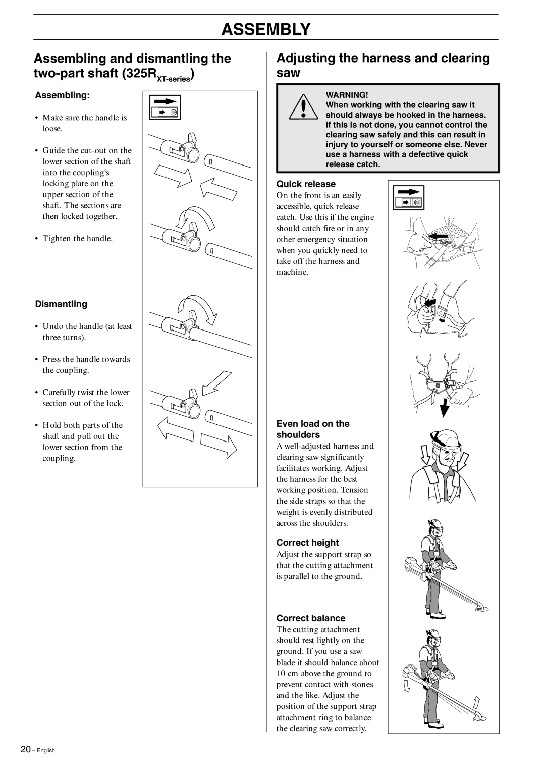 Husqvarna 325R, 323R Assembling and dismantling the two-part shaft 325RXT-series, Adjusting the harness and clearing saw 