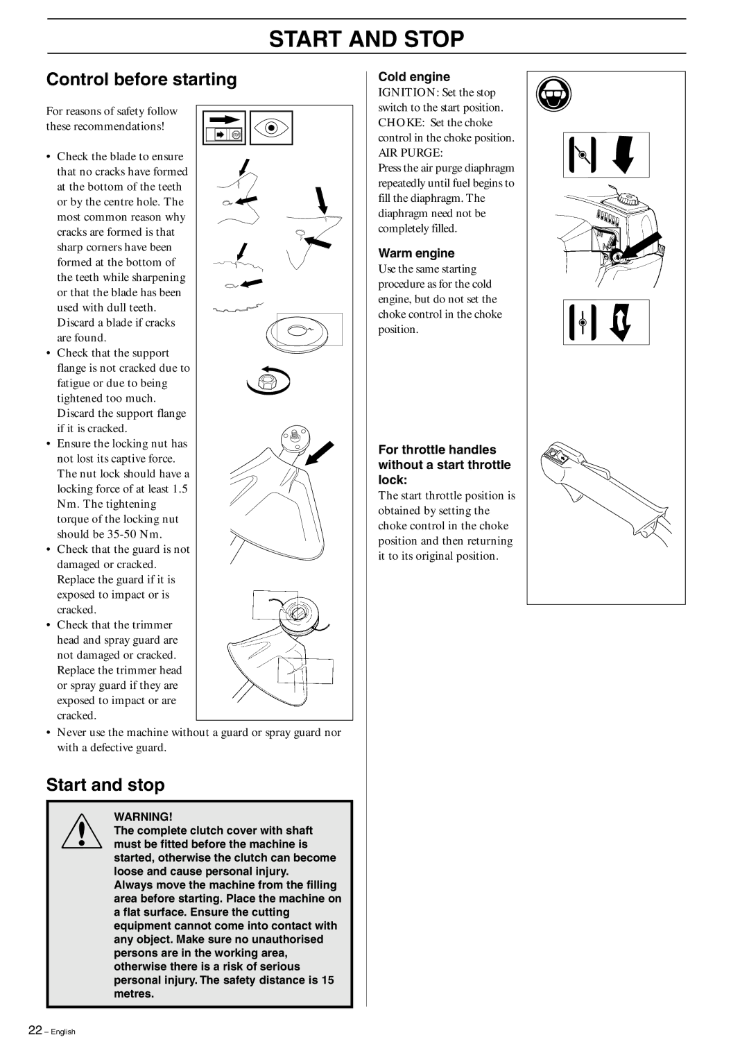 Husqvarna 325R, 323R manual Start and Stop, Control before starting, Start and stop, Cold engine 