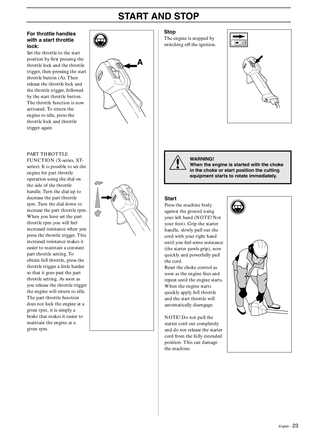 Husqvarna 325R, 323R manual For throttle handles with a start throttle lock, Stop, Start 