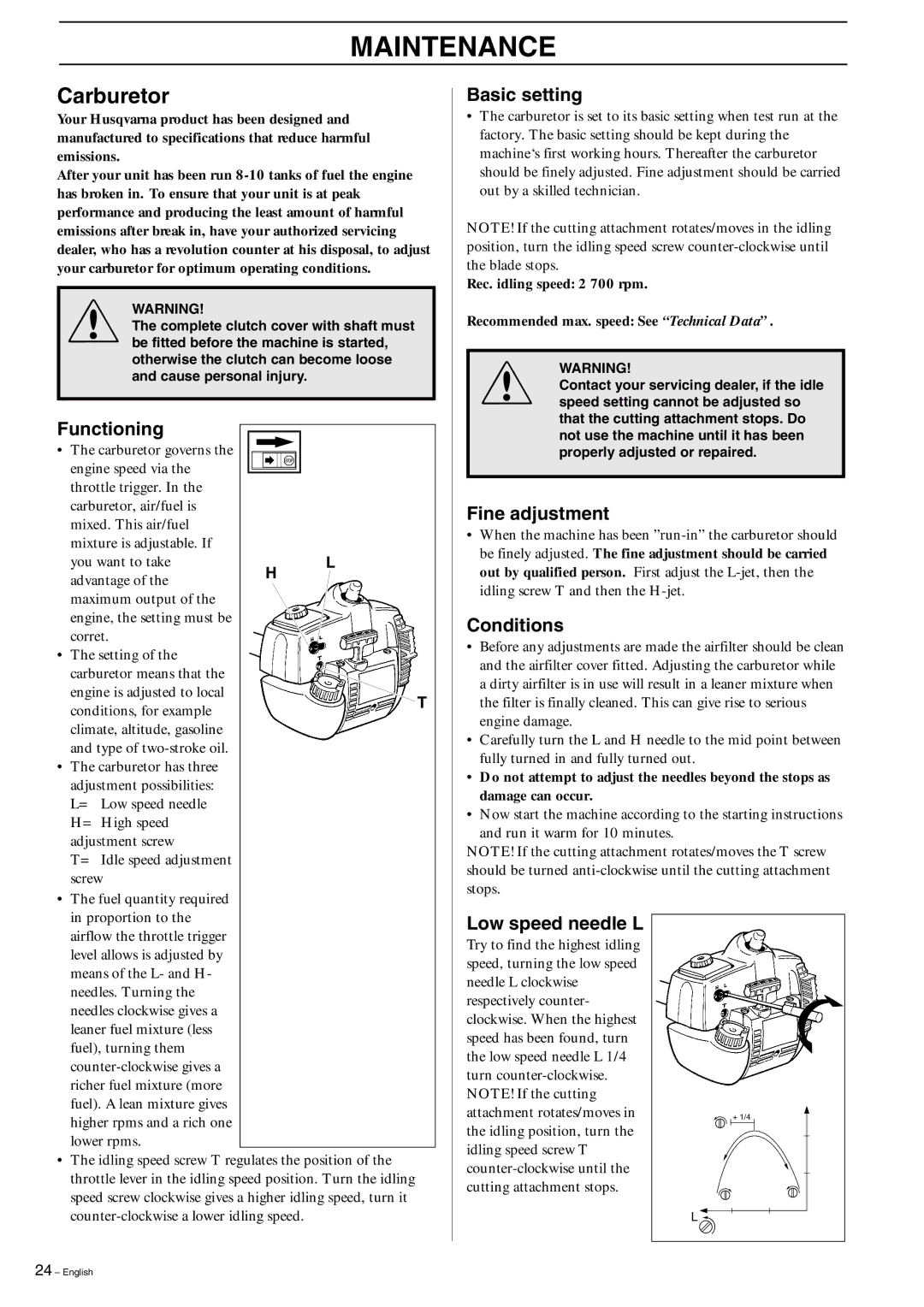 Husqvarna 325R, 323R manual Maintenance, Carburetor 