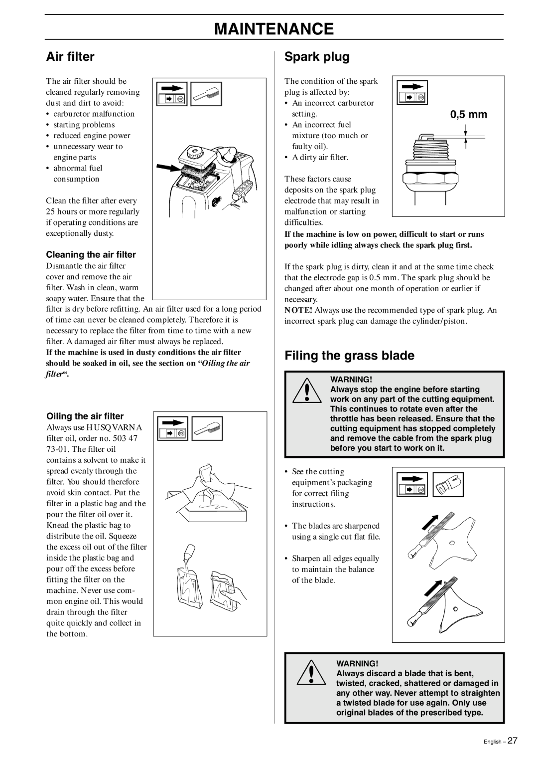 Husqvarna 325R, 323R manual Air filter Spark plug, Filing the grass blade, Oiling the air filter 