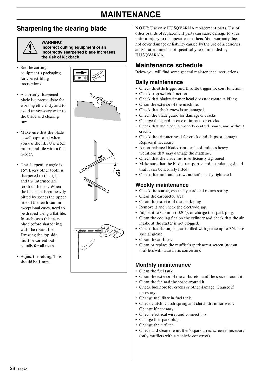 Husqvarna 325R, 323R manual Sharpening the clearing blade, Maintenance schedule, Daily maintenance, Weekly maintenance 