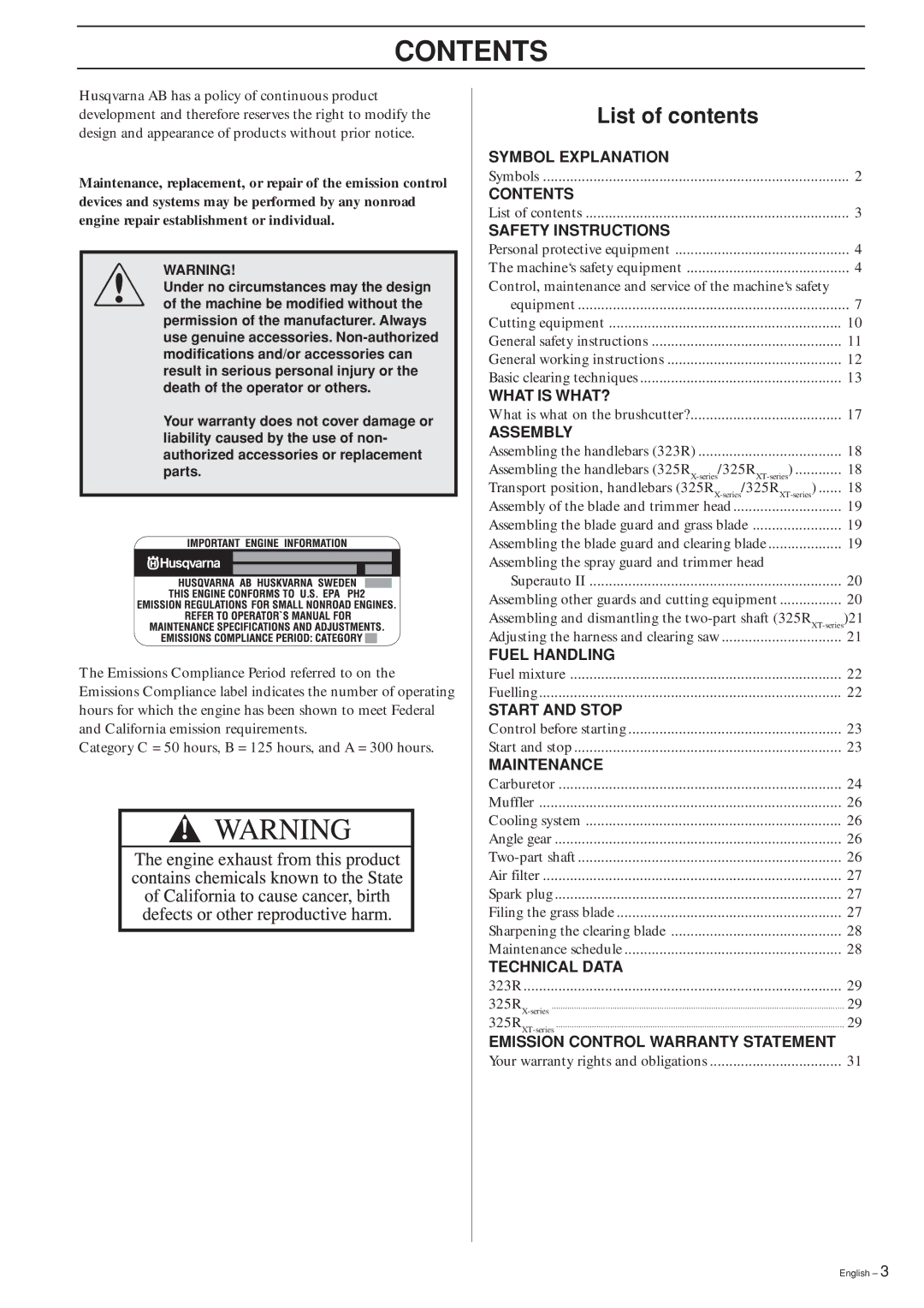 Husqvarna 325R, 323R manual Contents 