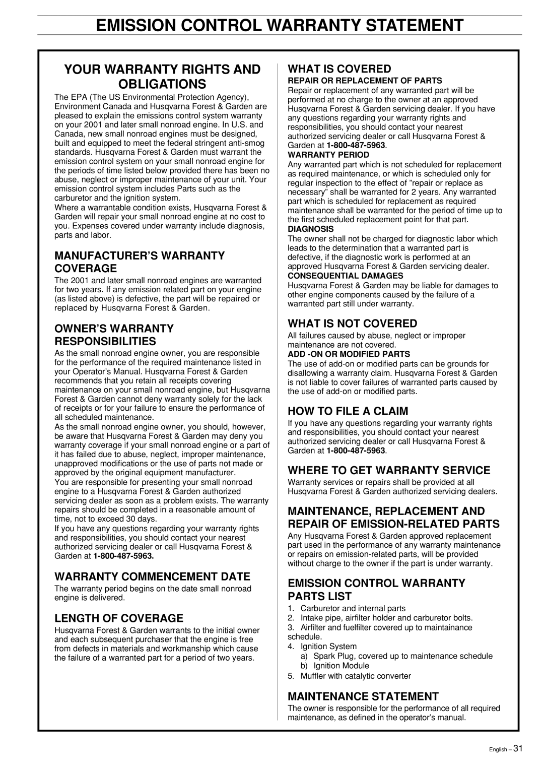 Husqvarna 325R, 323R manual Emission Control Warranty Statement, Your Warranty Rights Obligations 