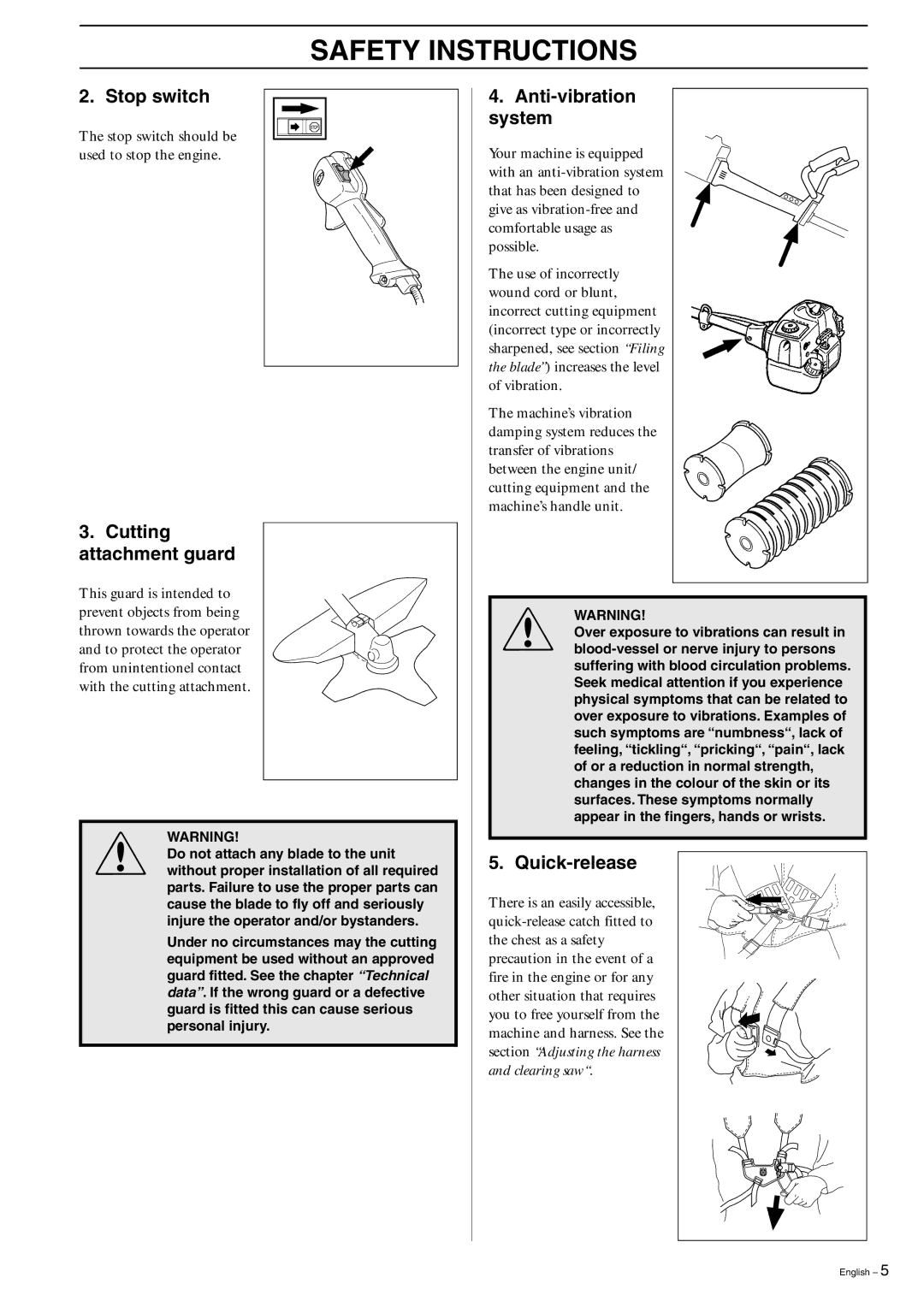 Husqvarna 325R, 323R manual Stop switch, Cutting attachment guard, Anti-vibration system, Quick-release 