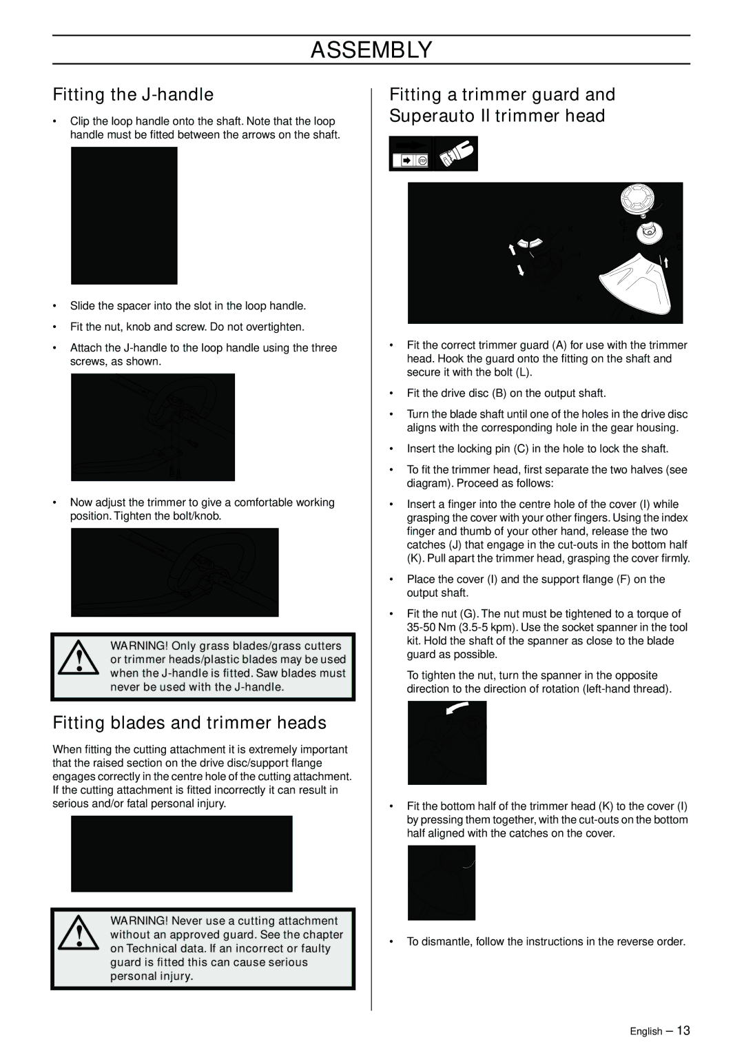 Husqvarna 325RJ manual Assembly, Fitting the J-handle, Fitting blades and trimmer heads 