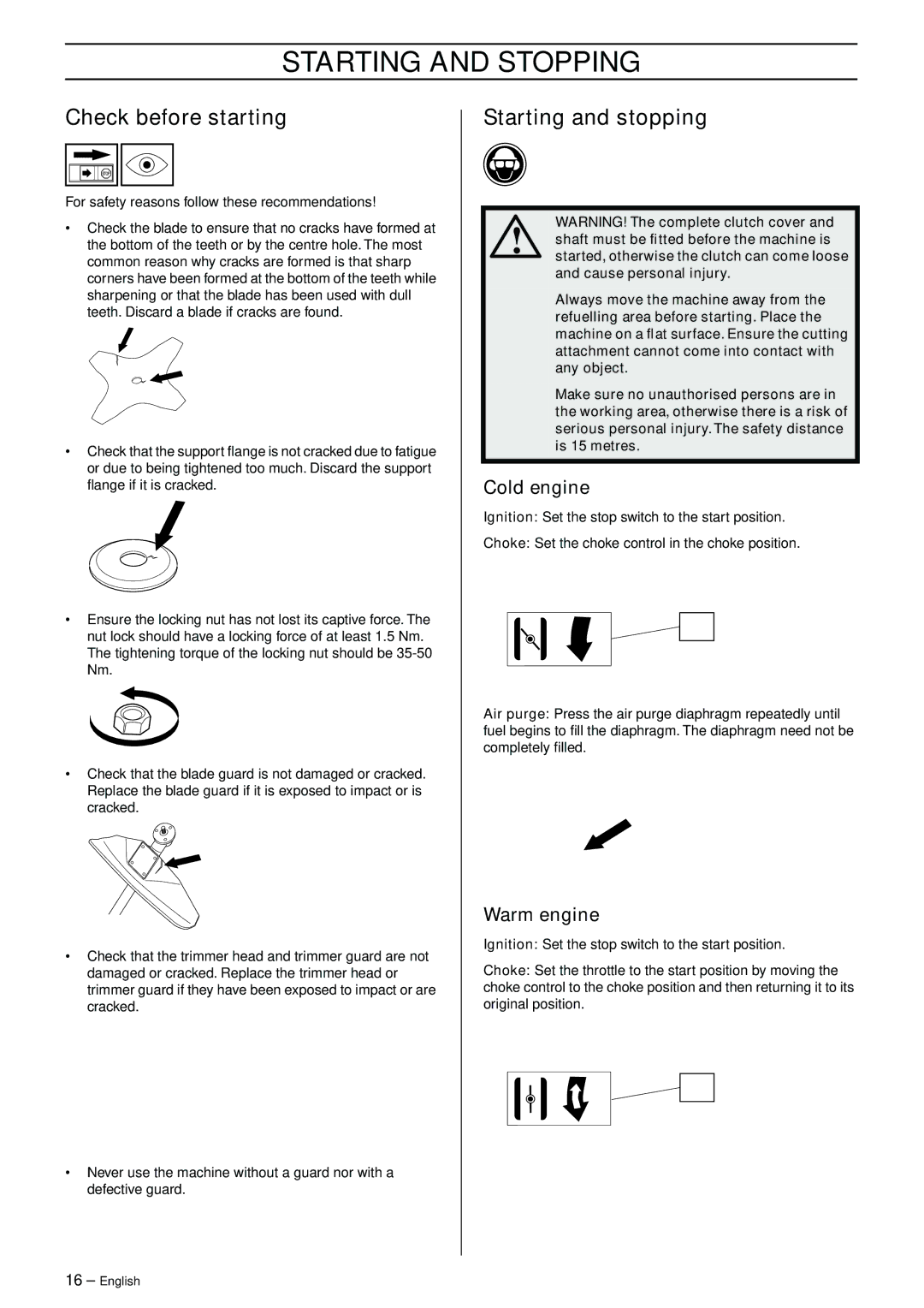 Husqvarna 325RJ manual Starting and Stopping, Check before starting, Starting and stopping, Cold engine, Warm engine 