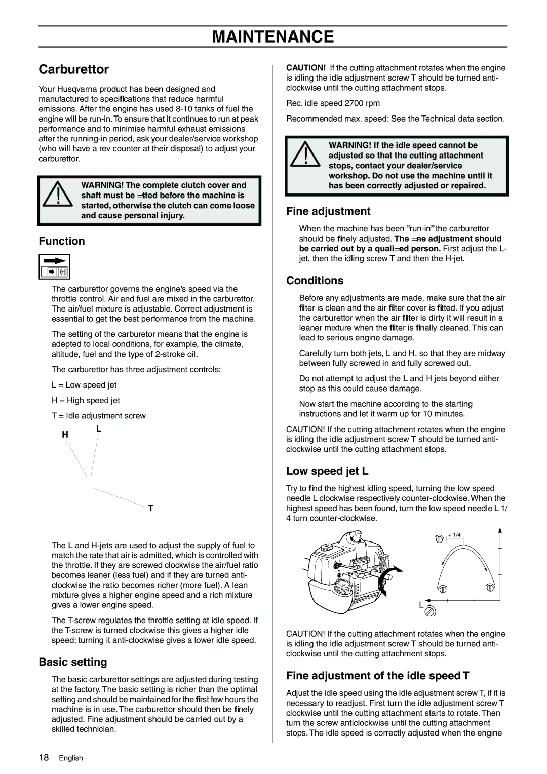 Husqvarna 325RJ manual Maintenance, Carburettor 