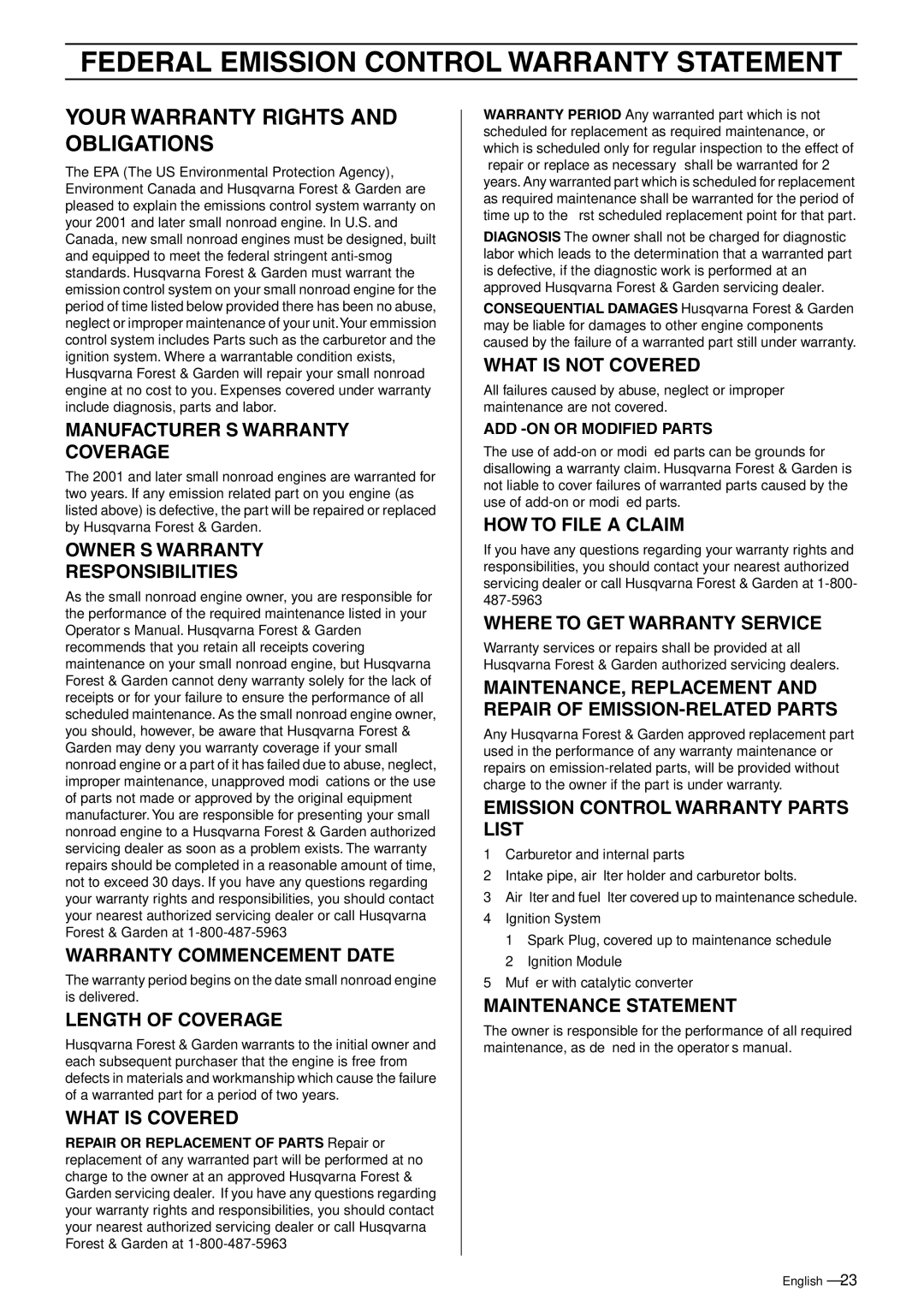 Husqvarna 325RJ manual Federal Emission Control Warranty Statement, Your Warranty Rights and Obligations 