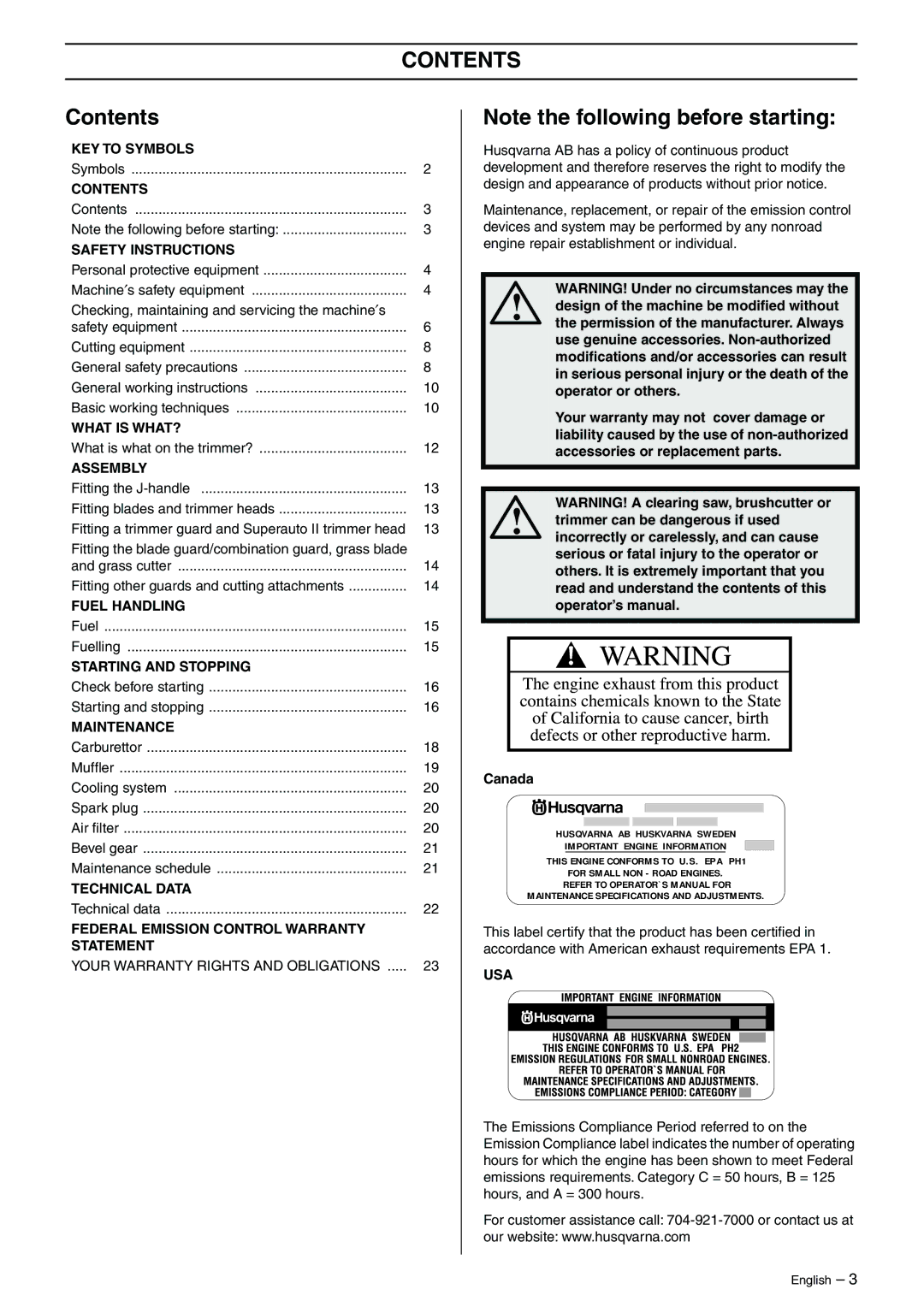 Husqvarna 325RJ manual Contents 