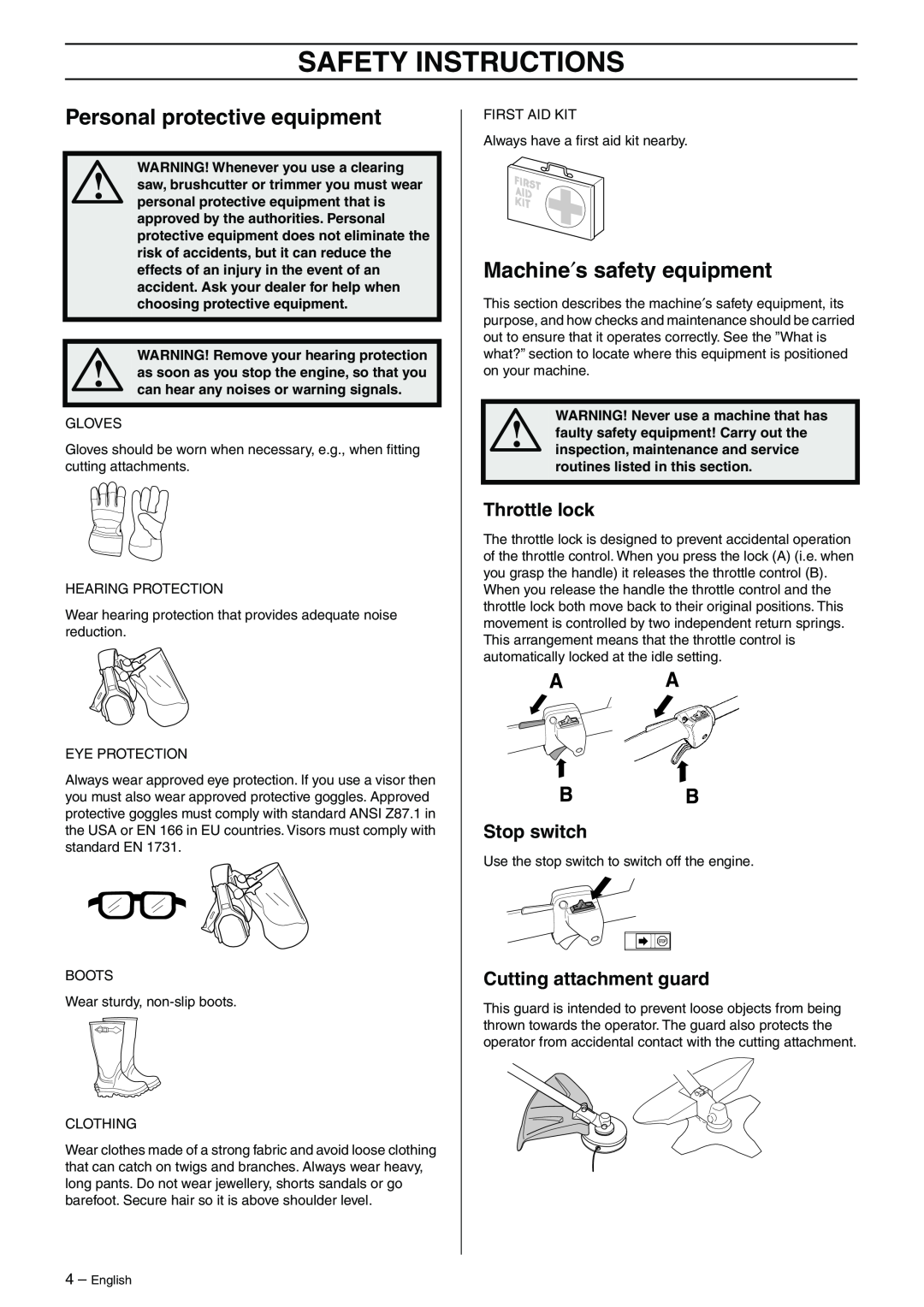 Husqvarna 325RJ manual Safety Instructions, Personal protective equipment, Machine′s safety equipment 