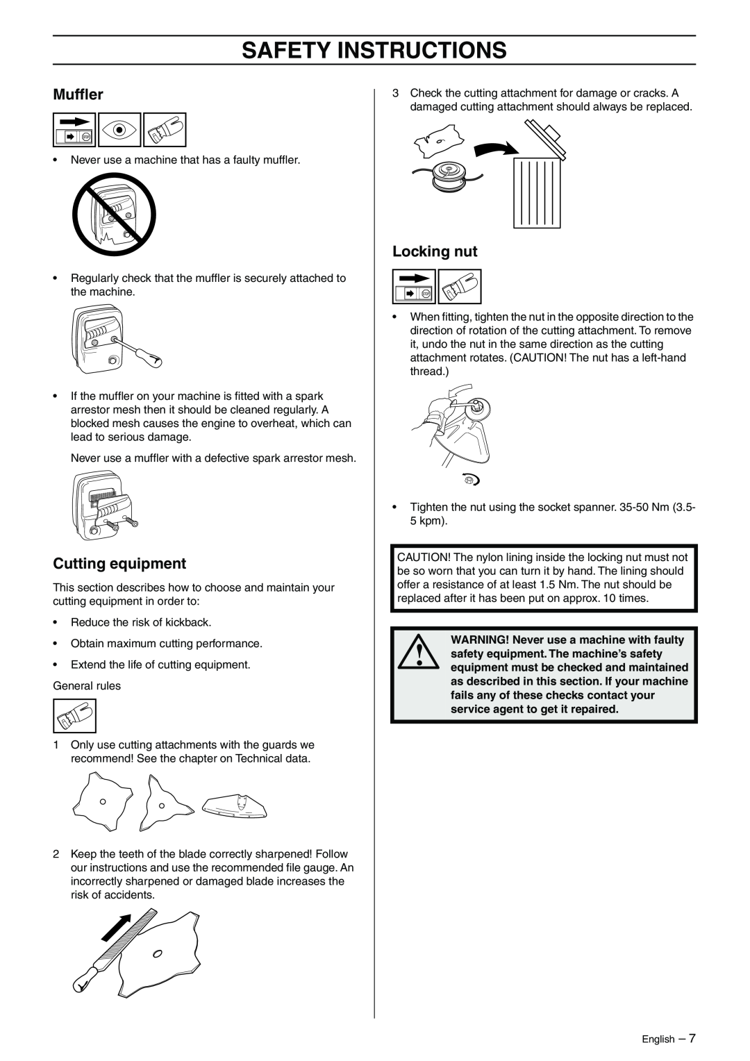 Husqvarna 325RJ manual Safety Instructions, WARNING! Never use a machine with faulty 