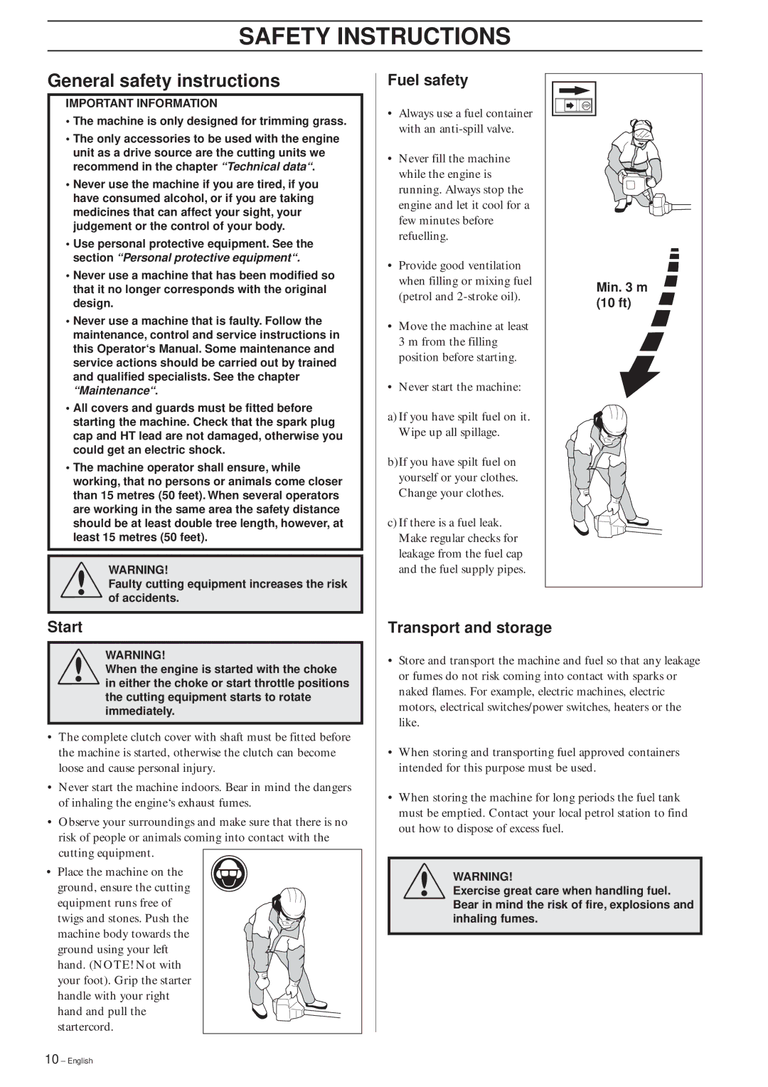 Husqvarna 325RJX-Series manual General safety instructions, Fuel safety, Start, Transport and storage, 10 ft 