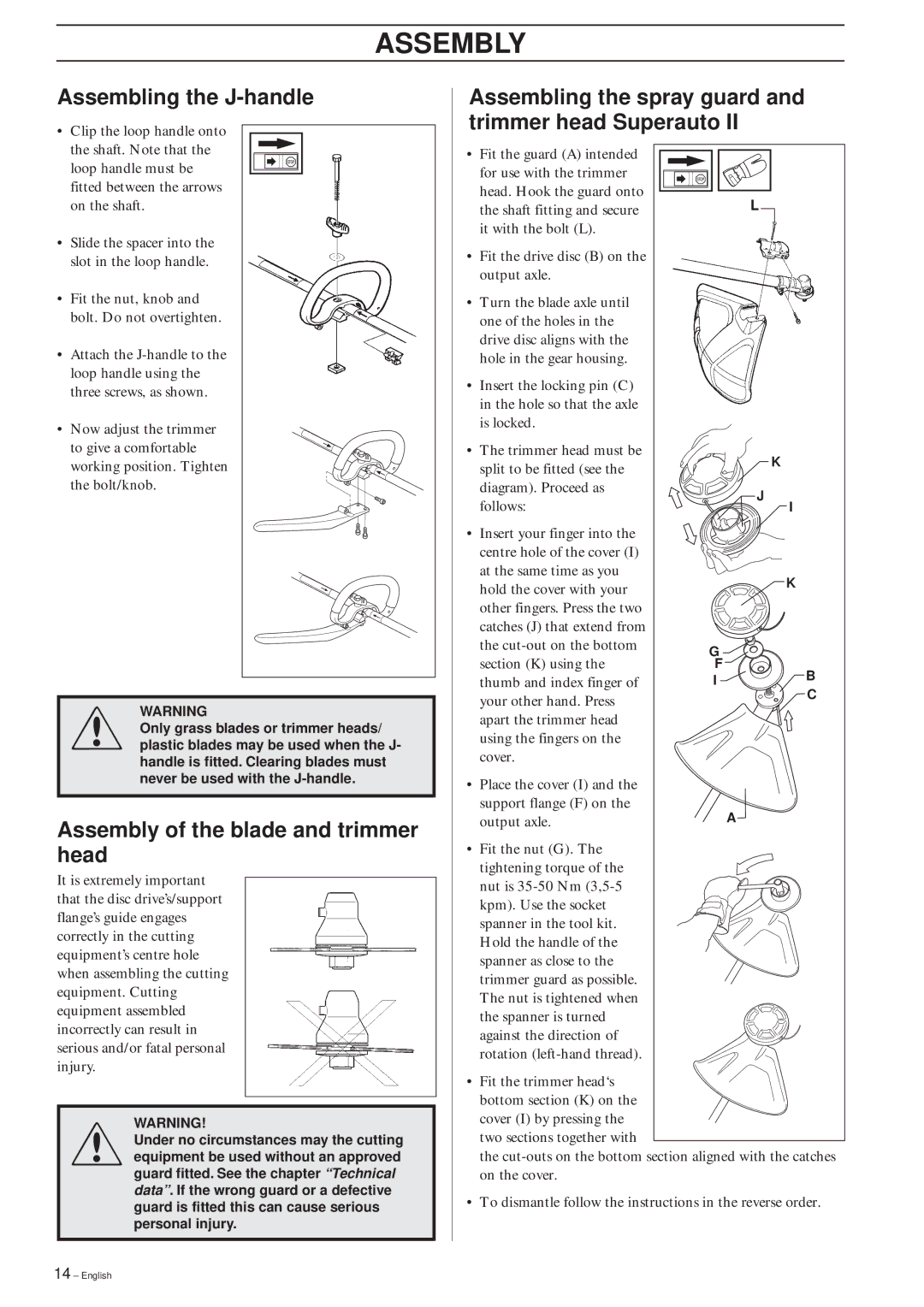 Husqvarna 325RJX-Series manual Assembling the J-handle, Assembly of the blade and trimmer head 