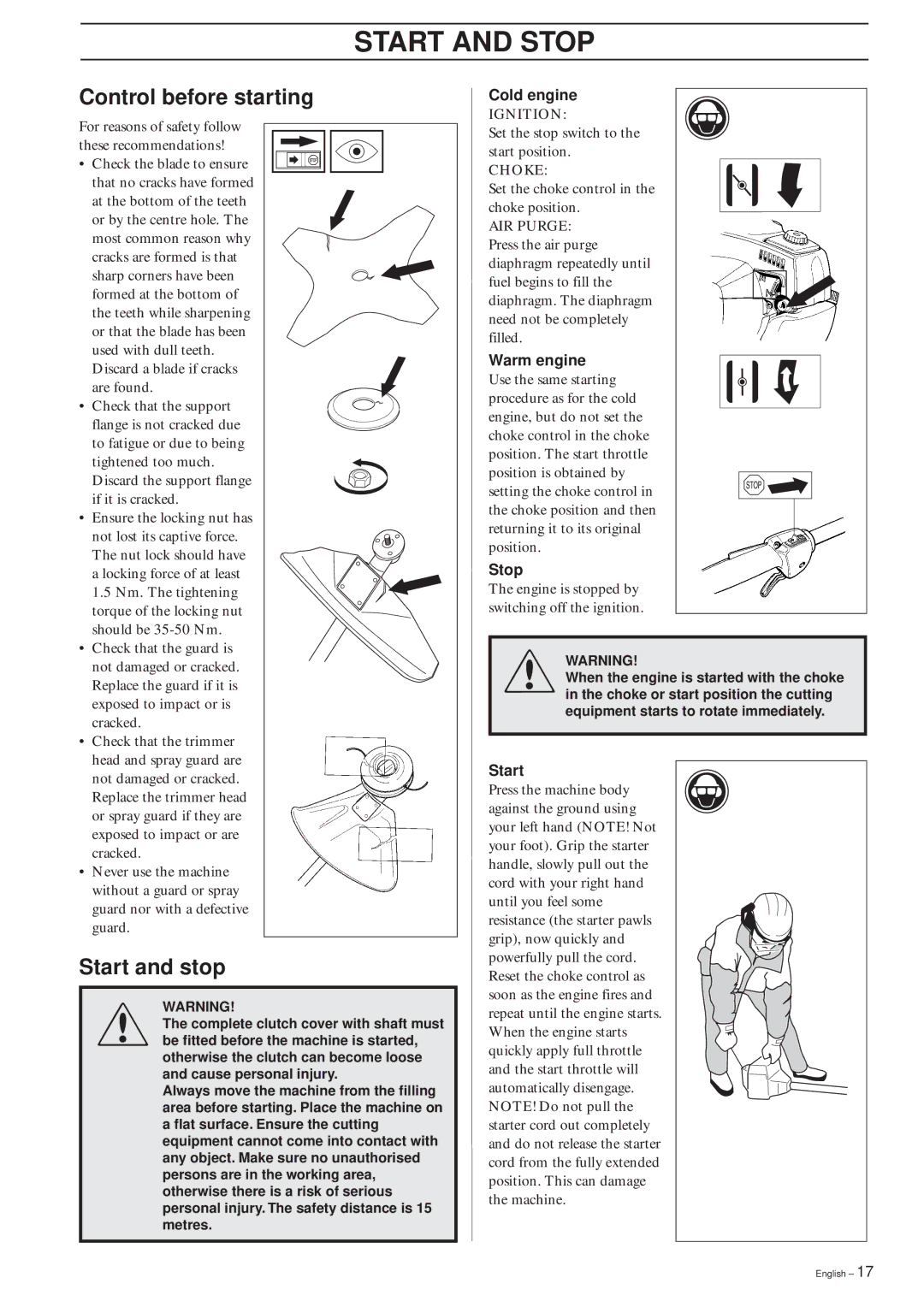 Husqvarna 325RJX-Series manual Start and Stop, Control before starting, Start and stop 