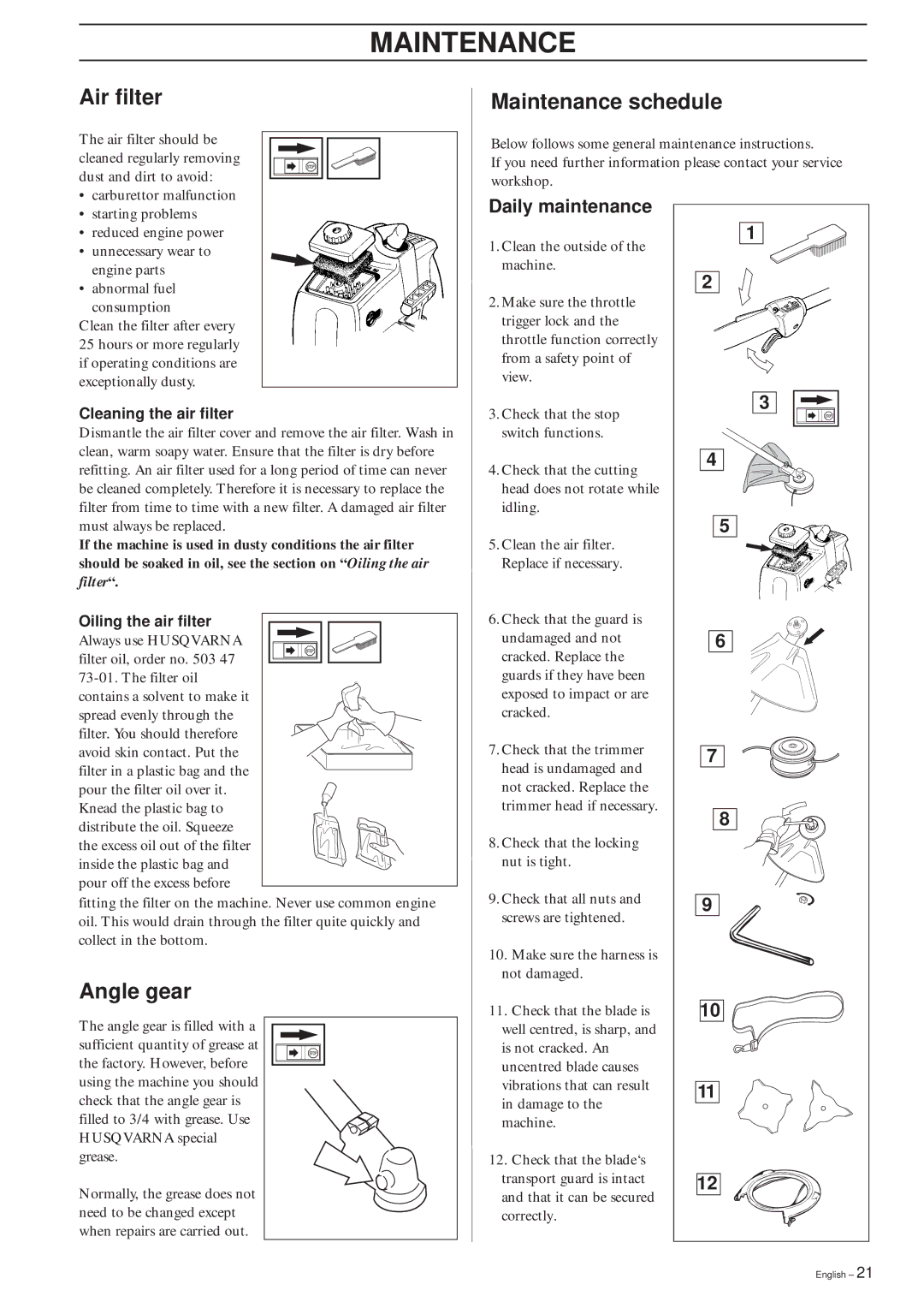 Husqvarna 325RJX-Series manual Air filter, Maintenance schedule, Angle gear, Daily maintenance 