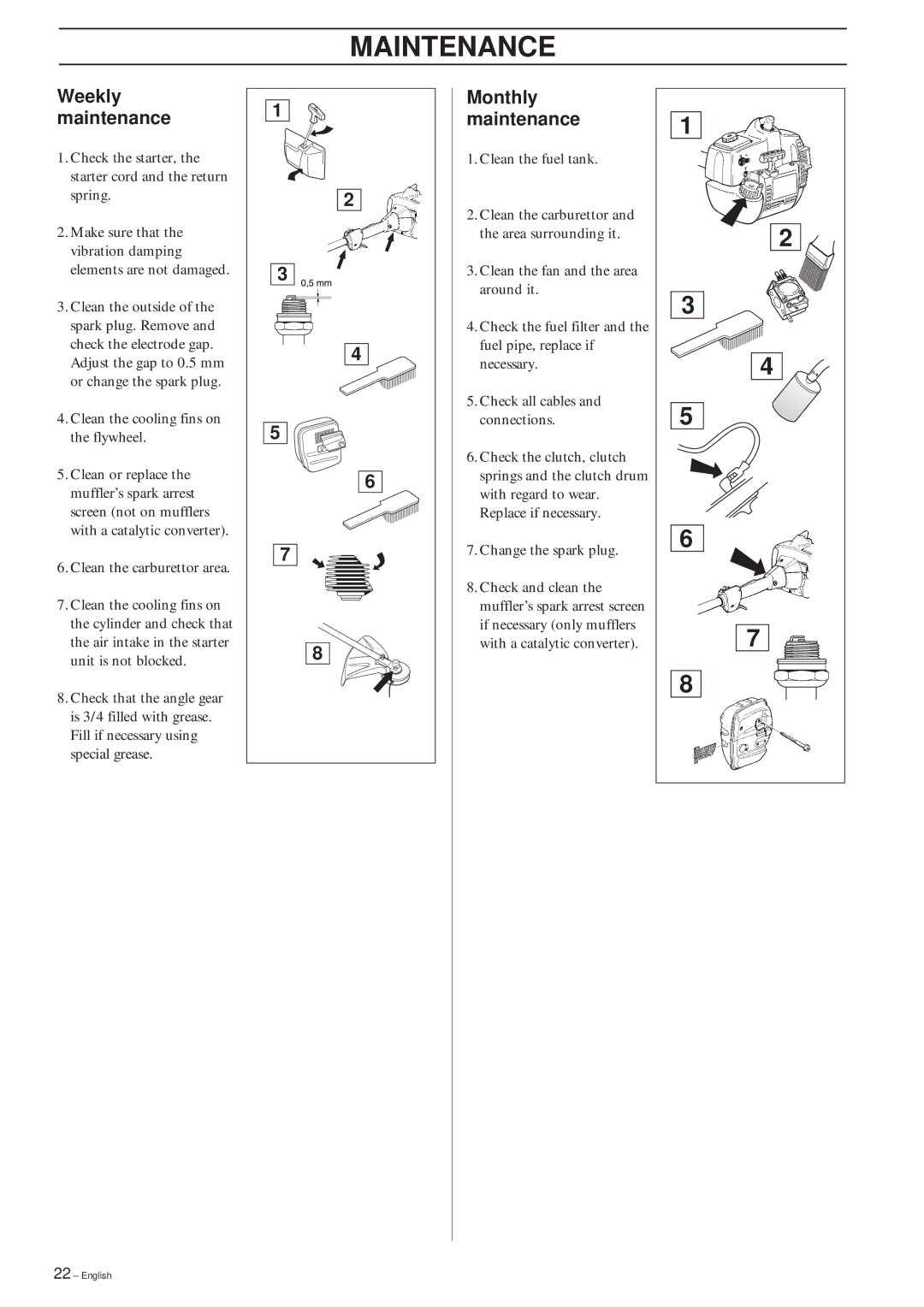 Husqvarna 325RJX-Series manual Weekly maintenance, Monthly maintenance 