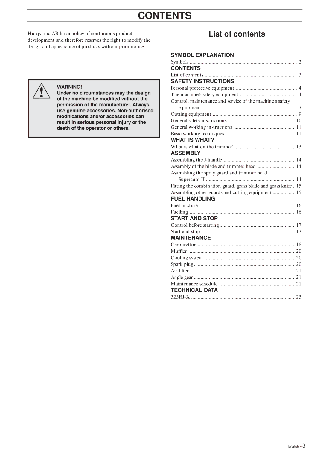 Husqvarna 325RJX-Series manual Contents 