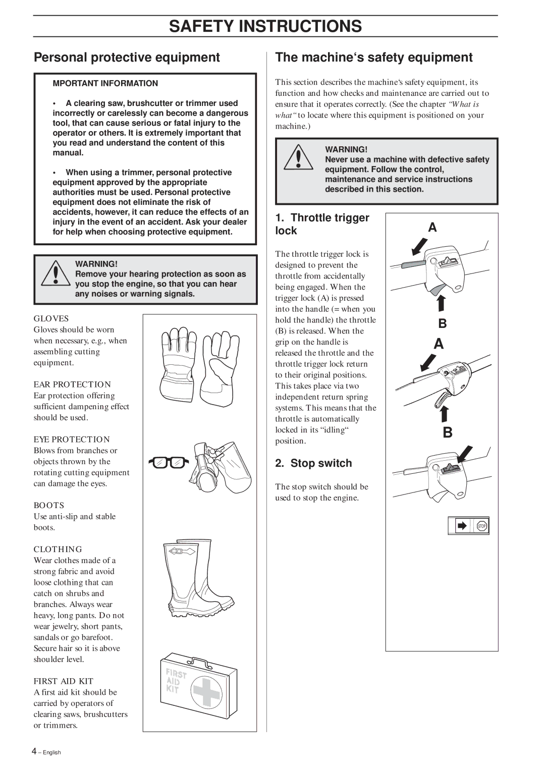 Husqvarna 325RJX-Series manual Safety Instructions, Personal protective equipment, Machine‘s safety equipment, Stop switch 