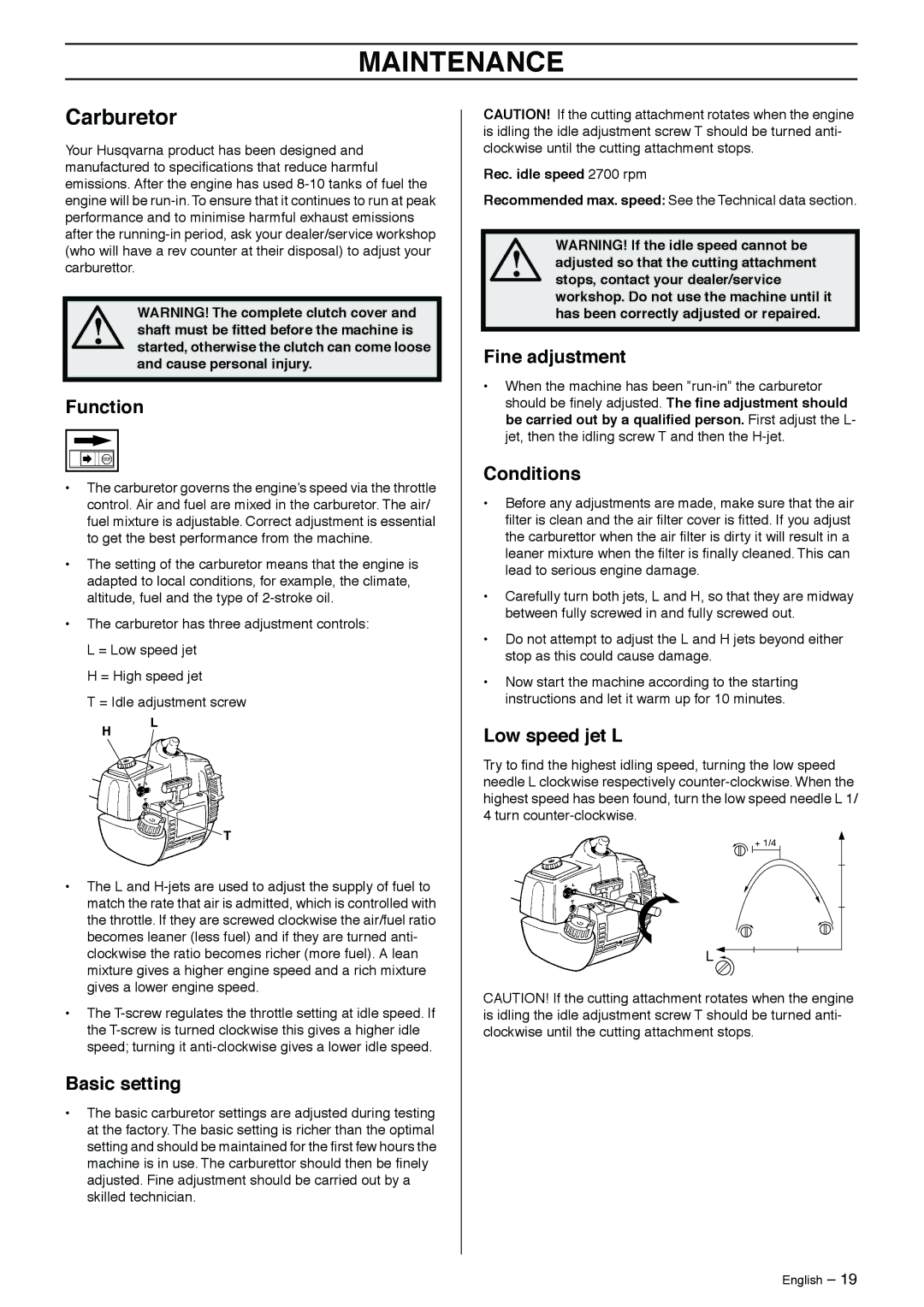 Husqvarna 326C, 326L, 326LS, 326LX-Series, 326LDX-Series, 326Lx manual Maintenance, Carburetor 