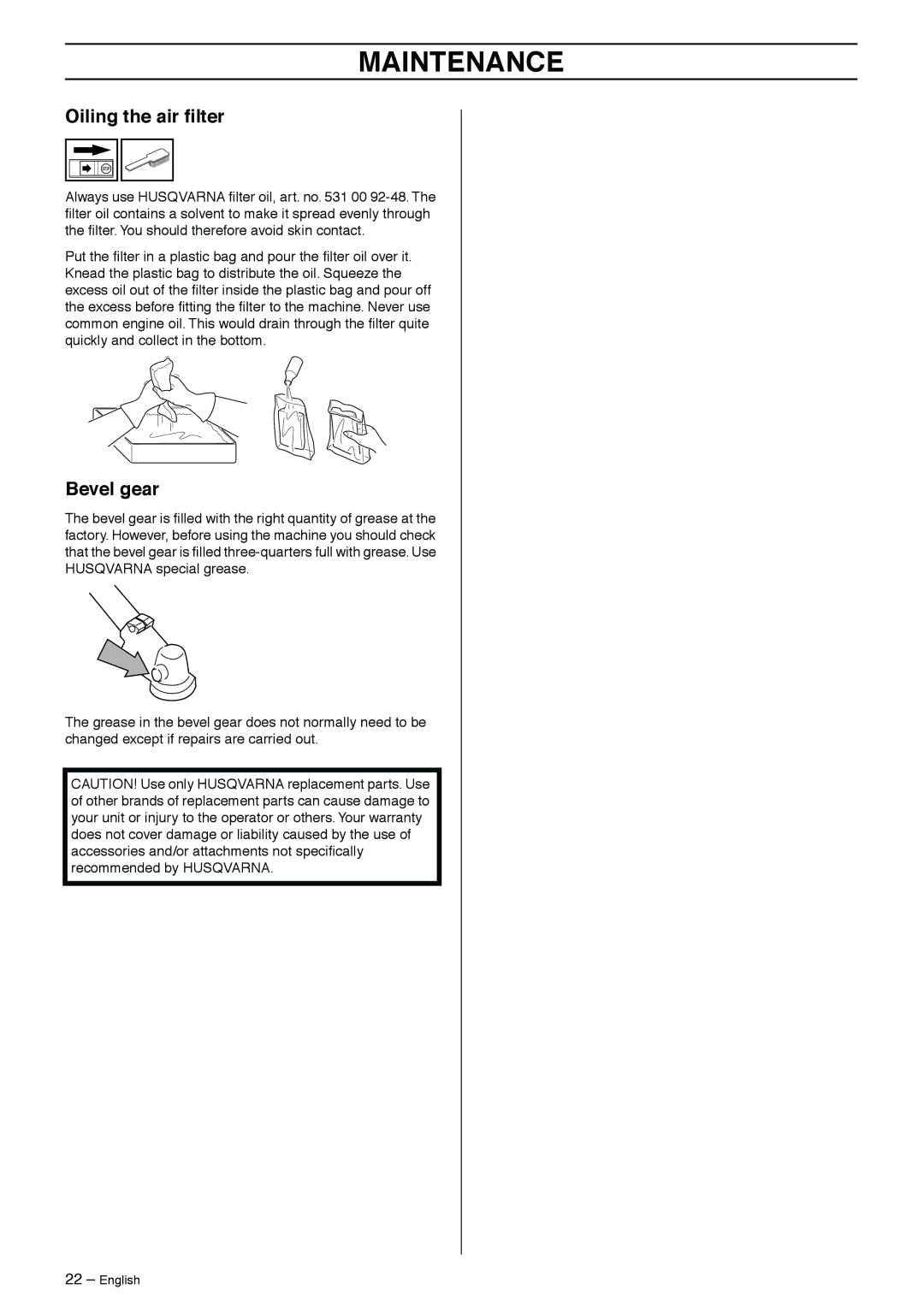 Husqvarna 326Lx, 326C, 326L, 326LS, 326LX-Series, 326LDX-Series manual Oiling the air ﬁlter, Bevel gear 