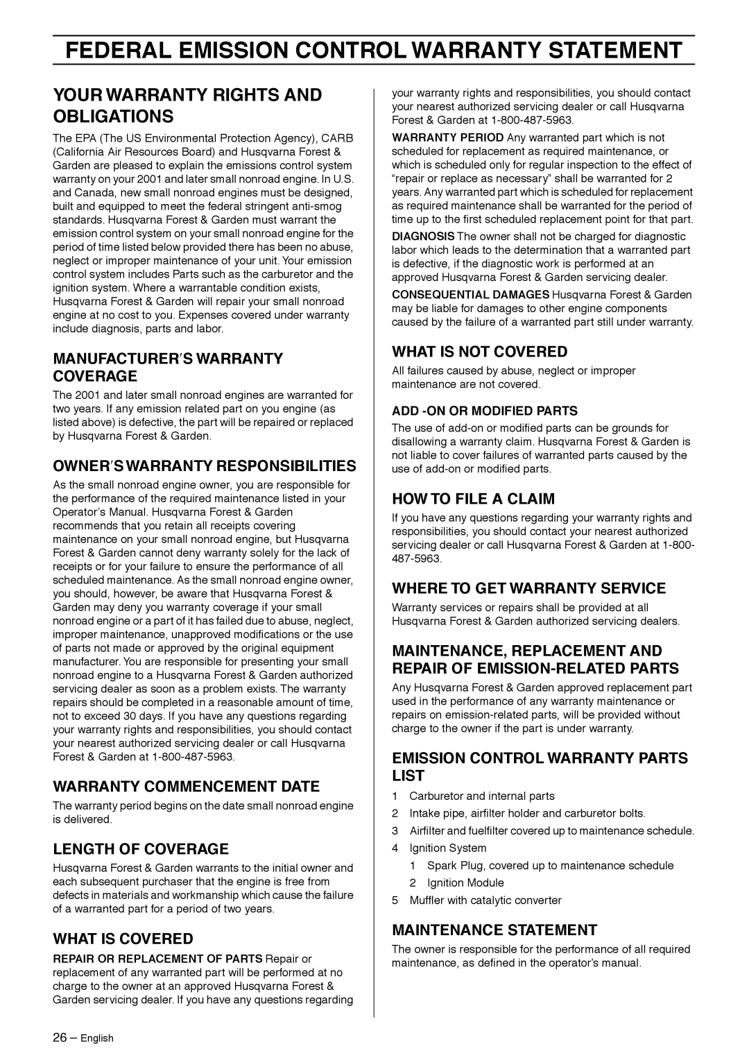 Husqvarna 326Lx, 326LDX, 326C manual Federal Emission Control Warranty Statement, Your Warranty Rights and Obligations 