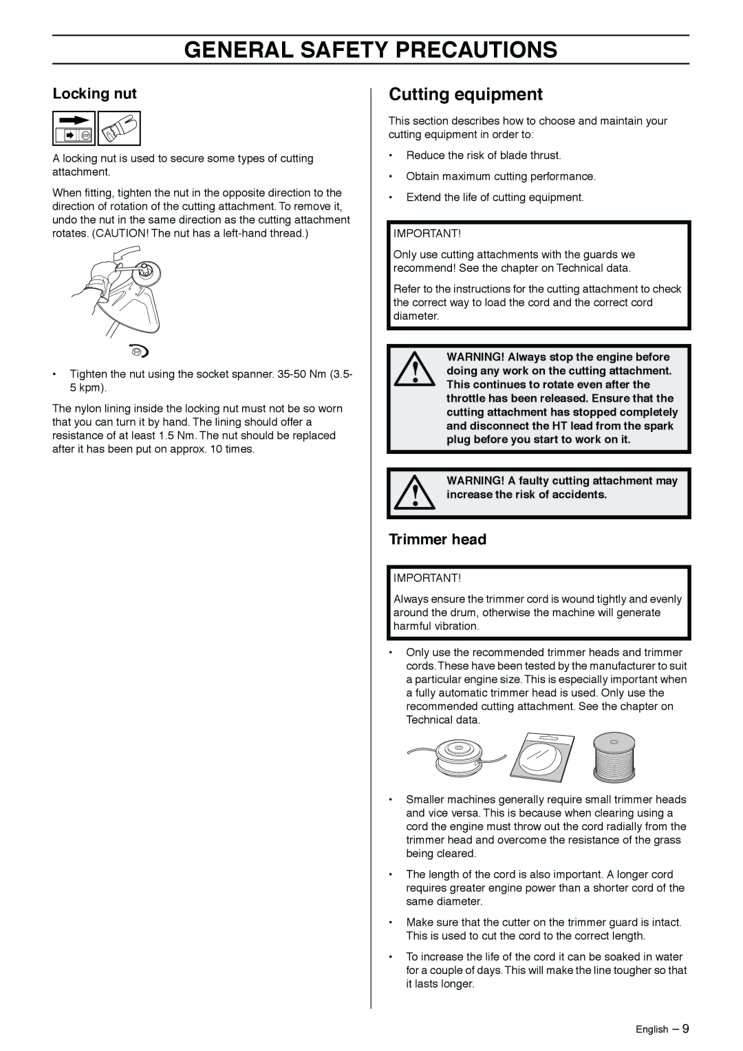 Husqvarna 326Lx, 326C, 326L, 326LS, 326LX-Series, 326LDX-Series manual Cutting equipment, Locking nut, Trimmer head 